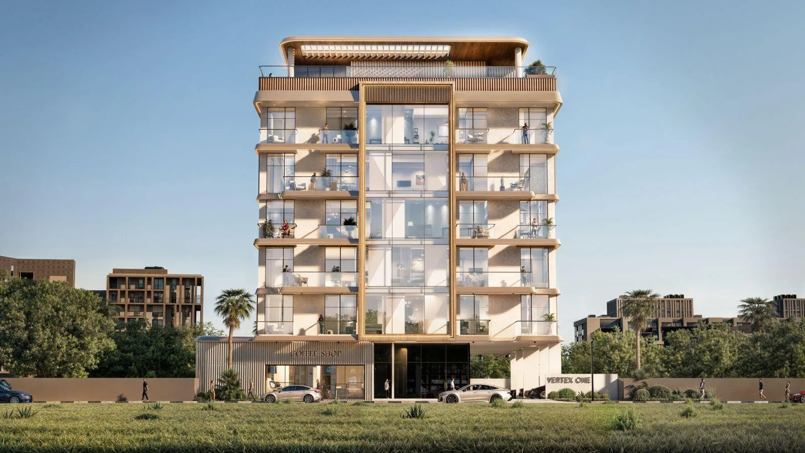 Фасад The Willows Residences днём, газон и пальмы у входа