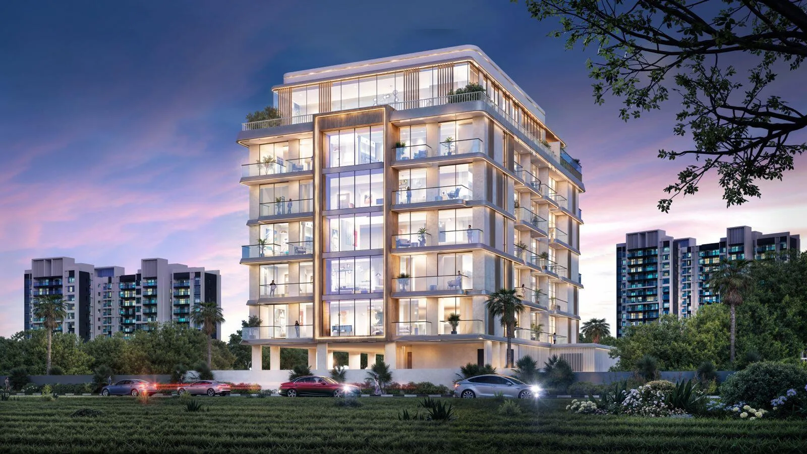 Дом The Willows Residences в сумерках, окна в тёплом свете