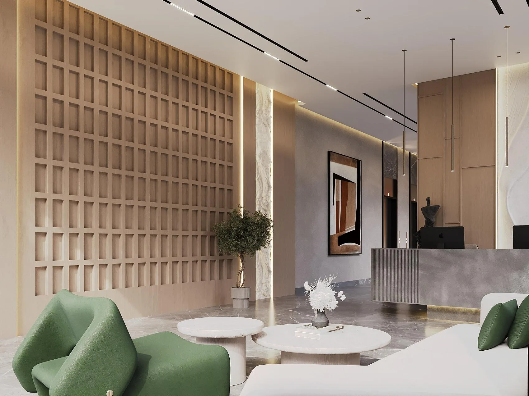 Лобби The Willows Residences: кресла и деревянная стена