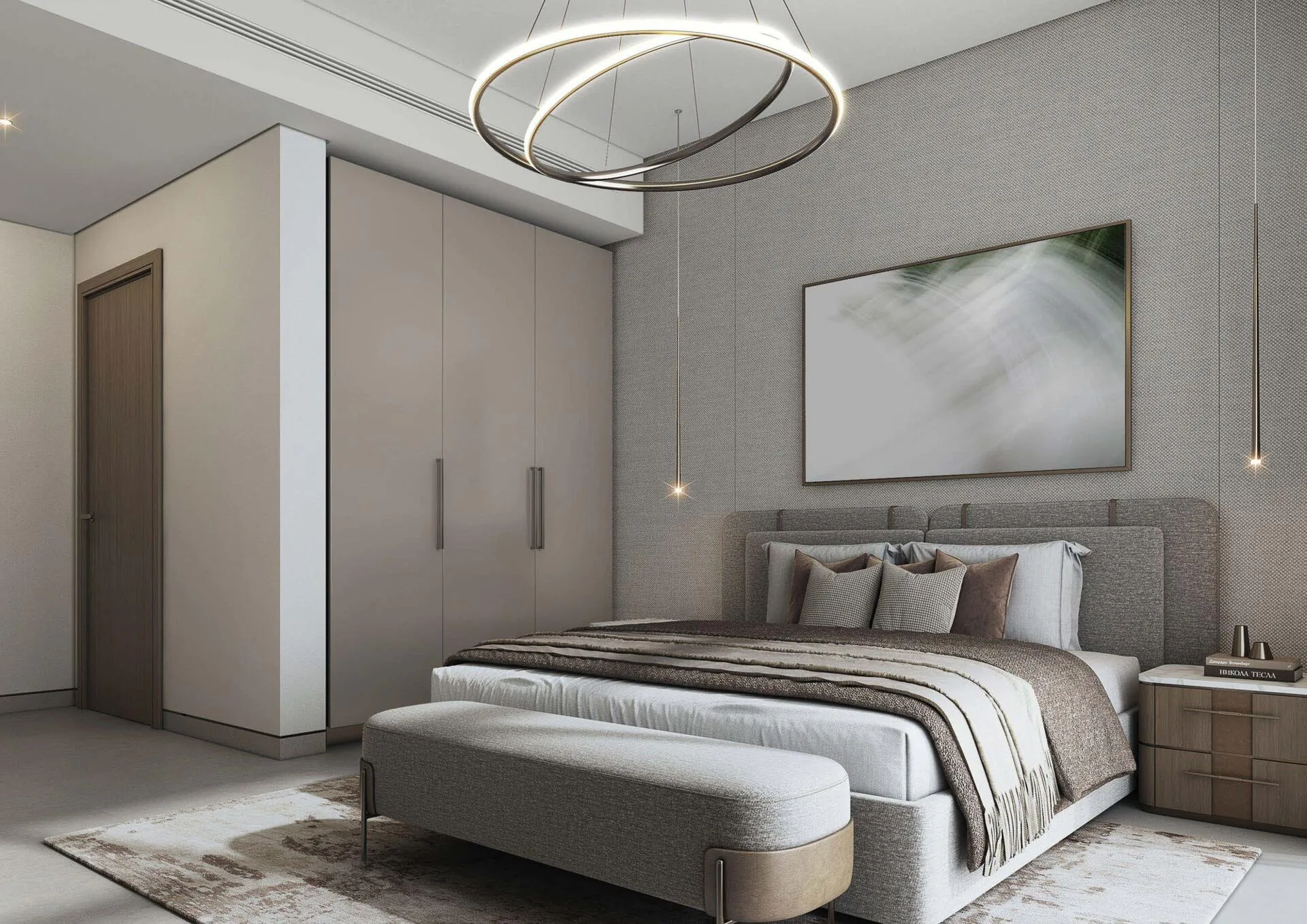 Спальня в квартире The Woods Abode: кровать, шкафы до потолка и подвесные светильники