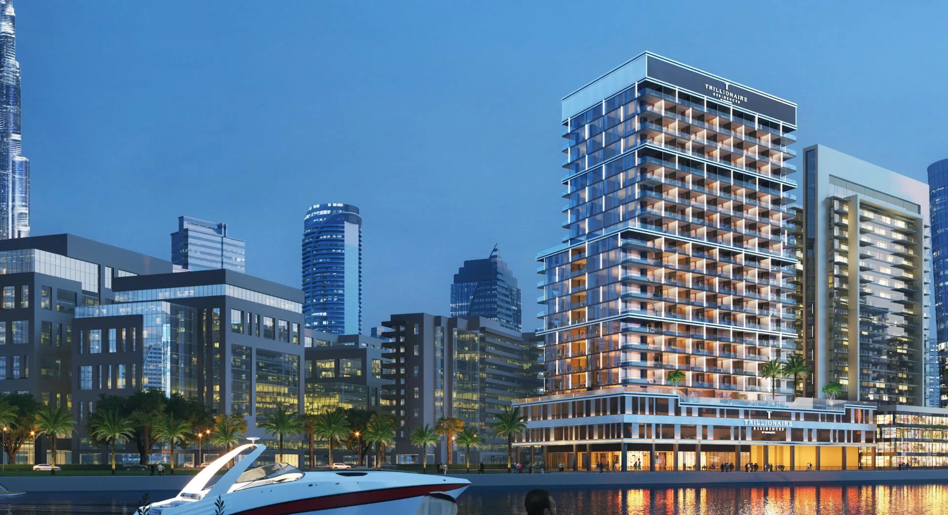 Trillionaire Residences с воды в сумерках