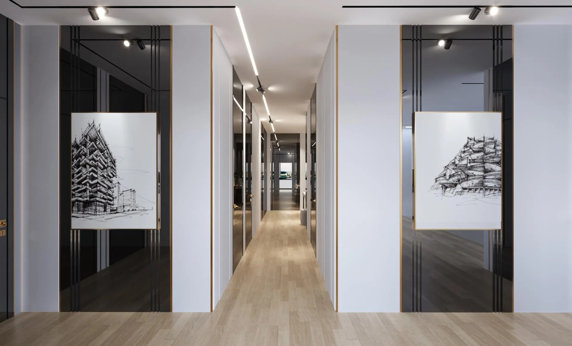 Коридор жилого этажа Trillionaire Residences с графикой на стенах