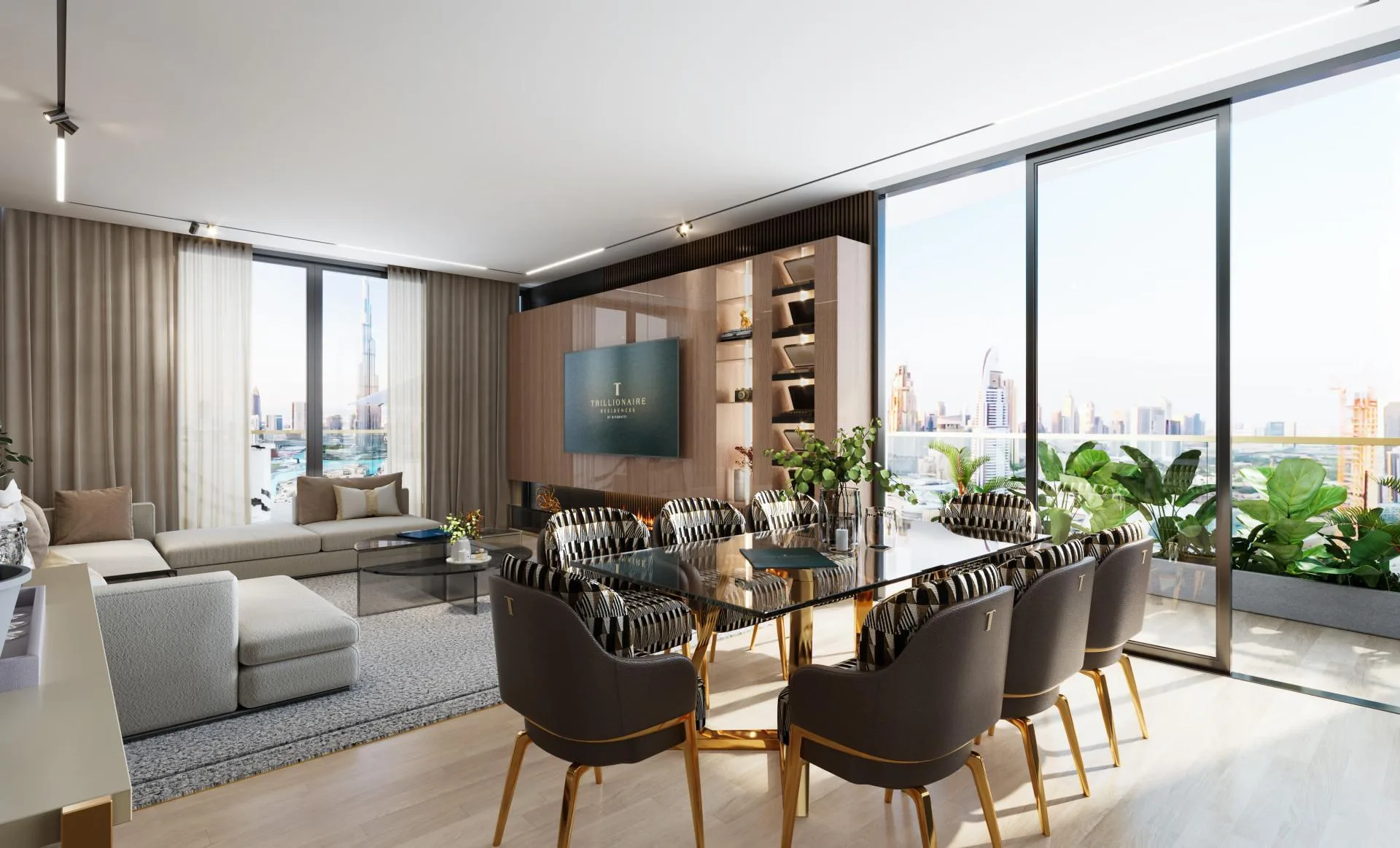 Гостиная и столовая с панорамными окнами в Trillionaire Residences