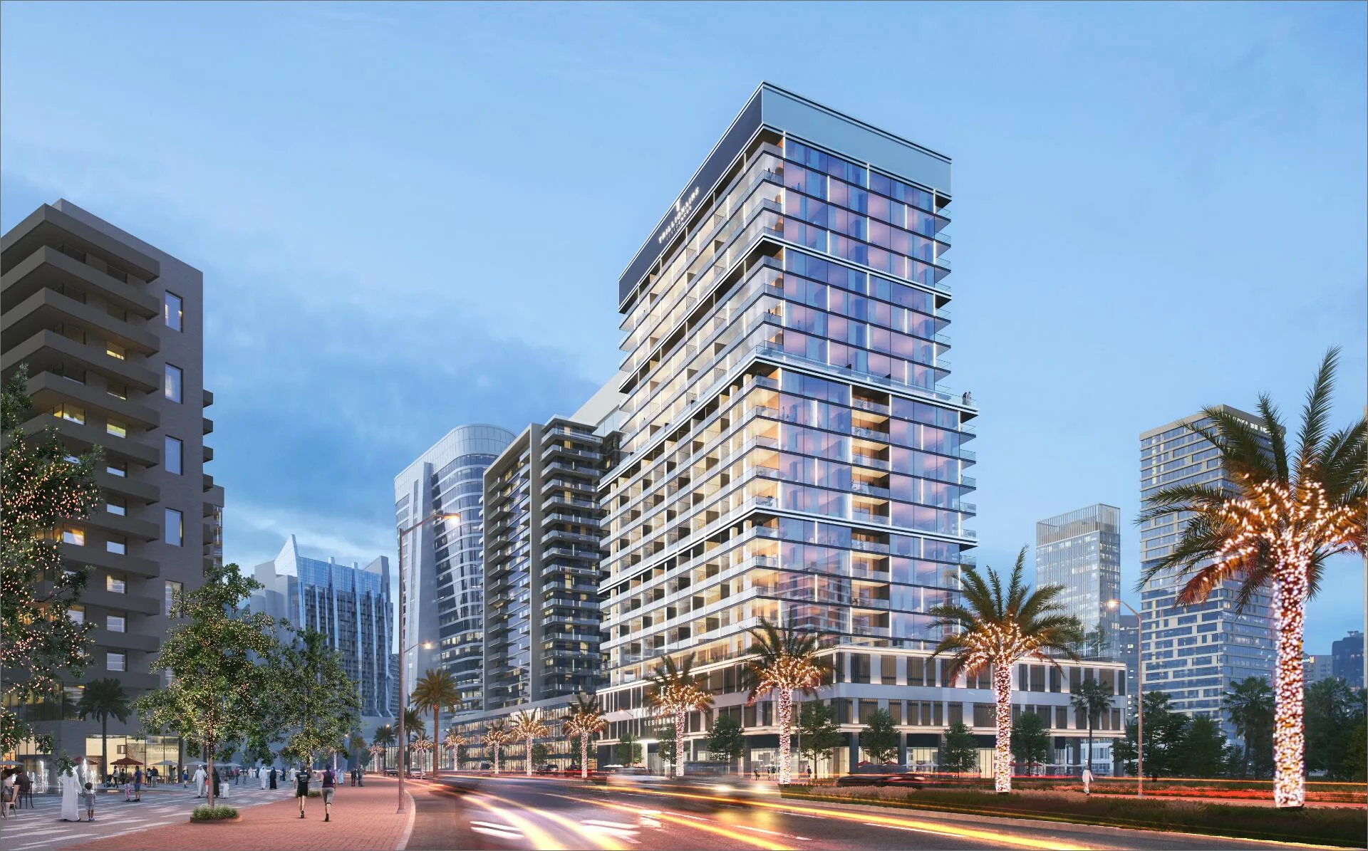 Trillionaire Residences со стороны улицы: башня и пальмы