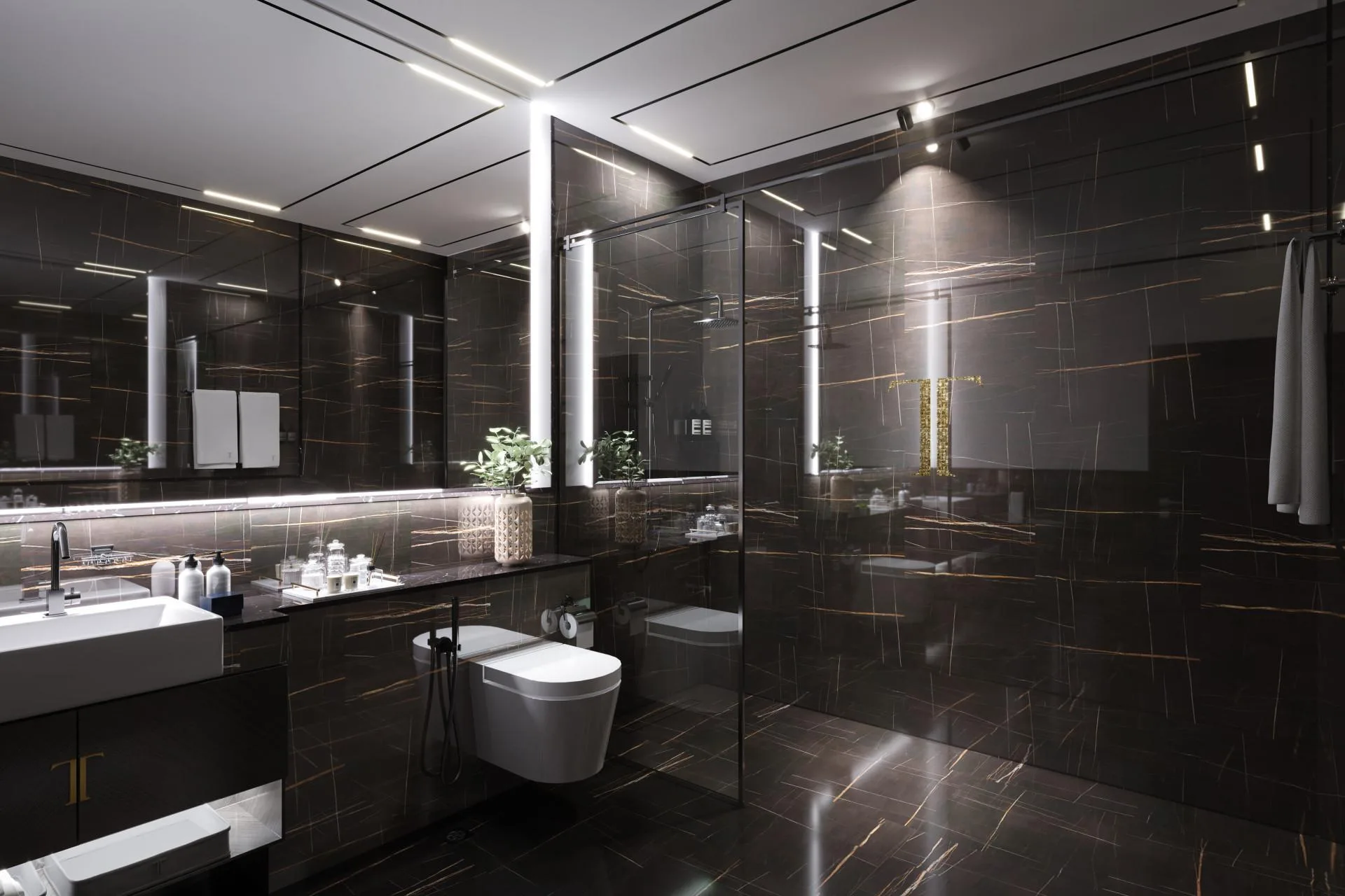 Ванная в тёмном камне в Trillionaire Residences