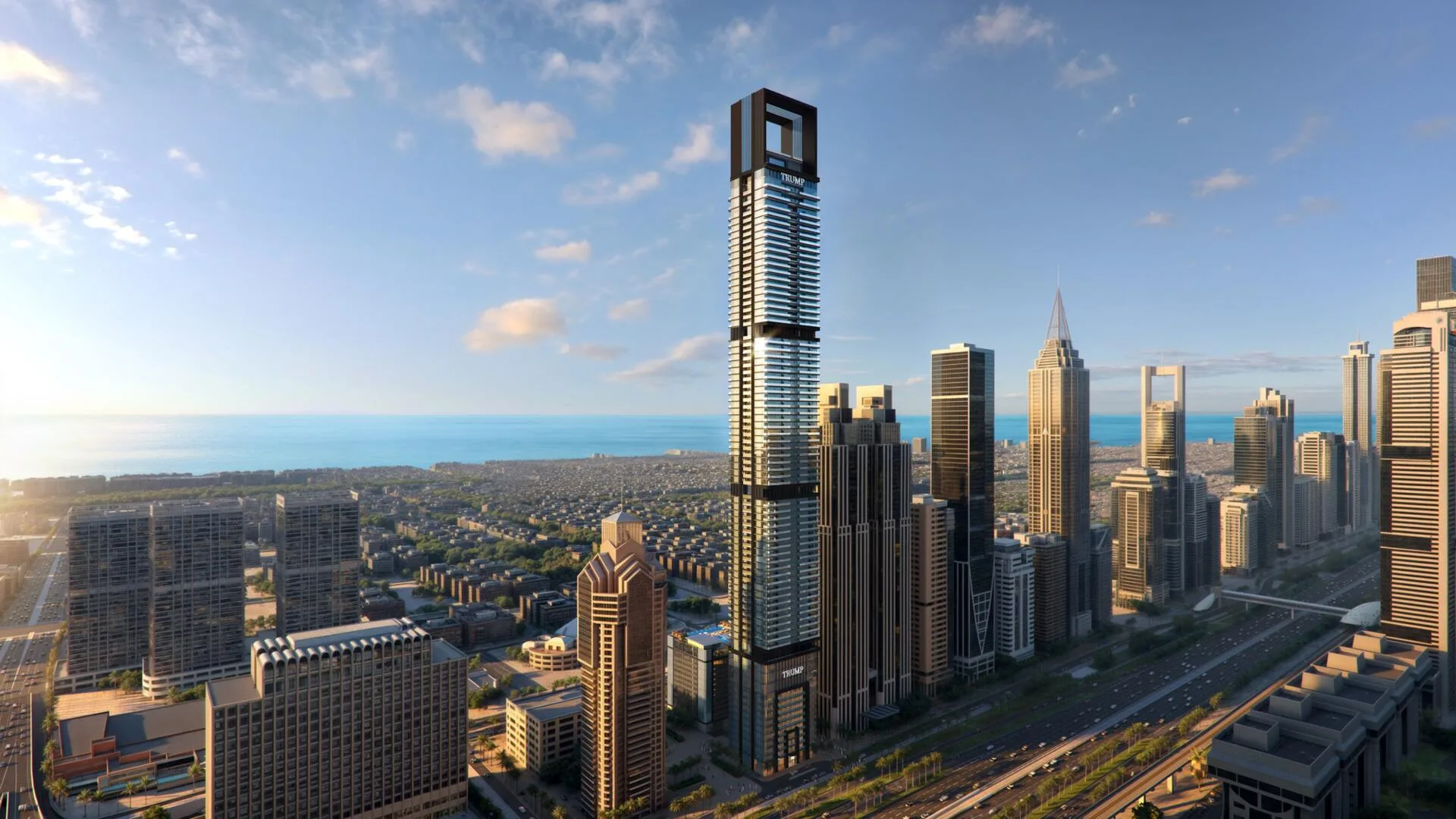Башня Trump International Hotel & Tower Dubai над городом, за ней море