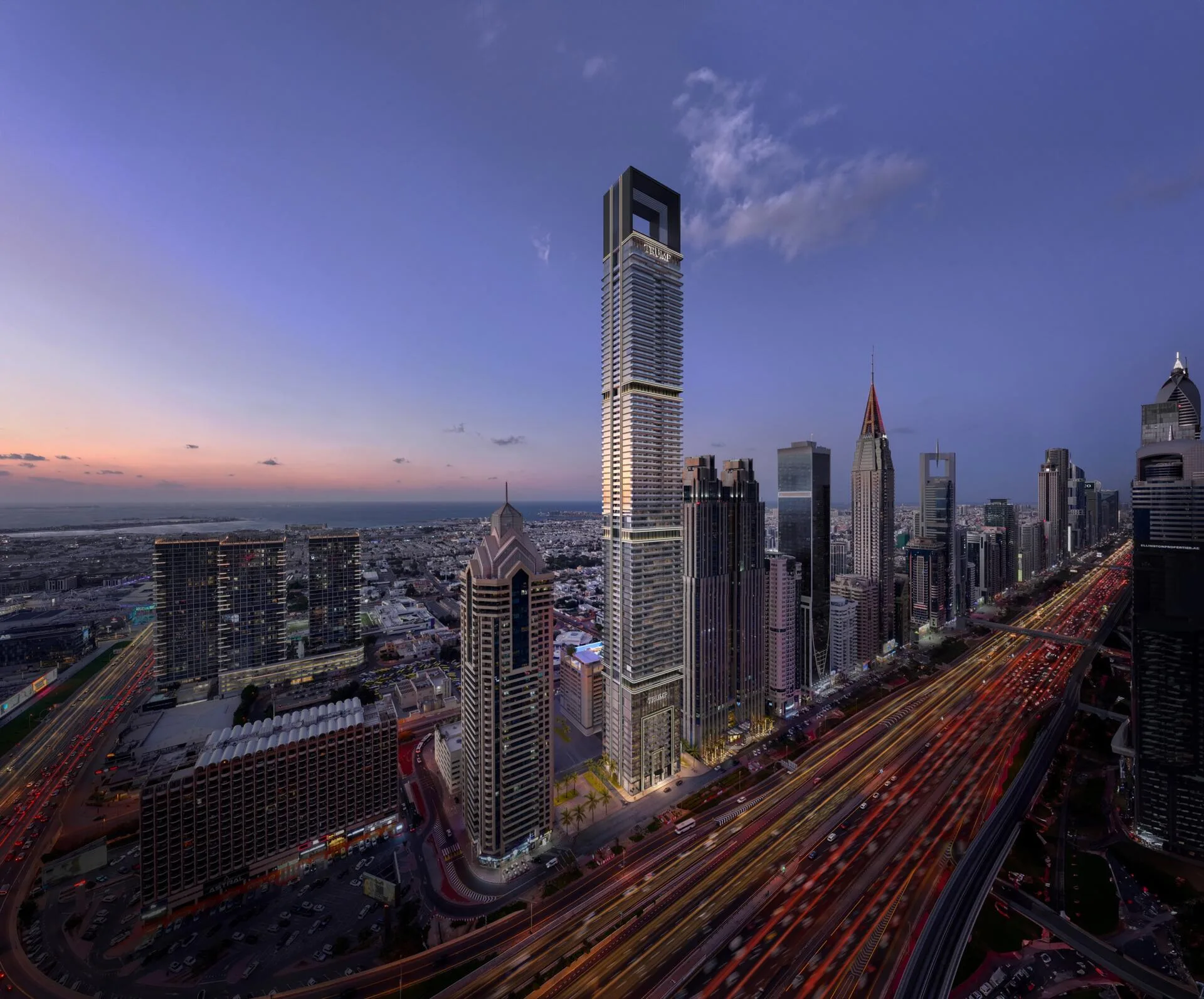 Башня Trump над Sheikh Zayed Road вечером