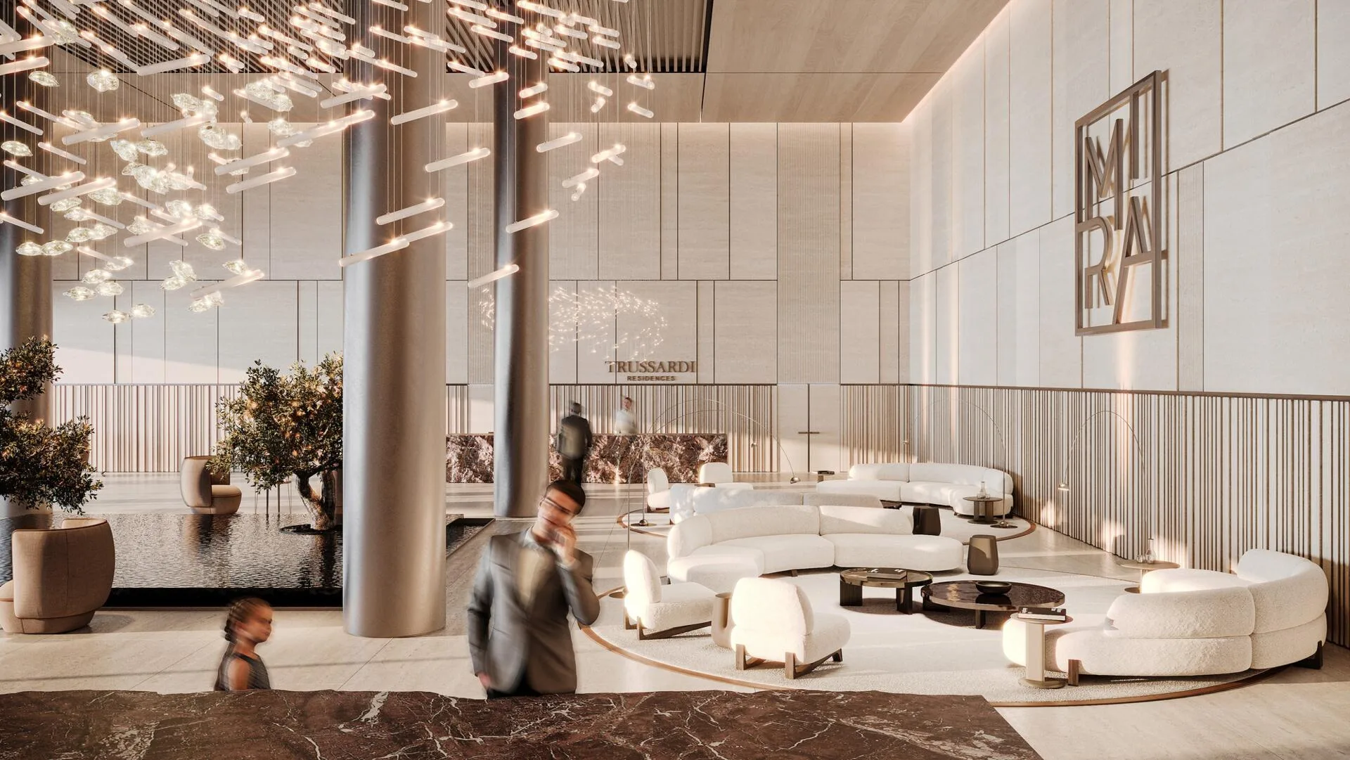 Лобби Trussardi Residences Phase II с люстрой и диванами