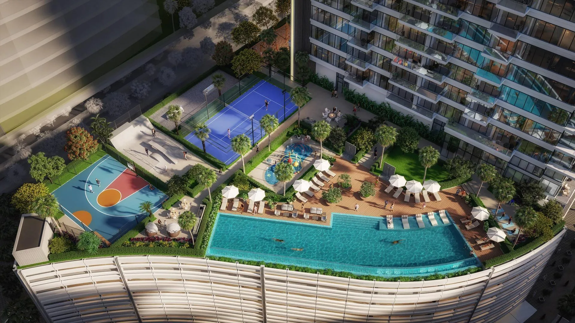 Бассейн Horizon Pool и спортивные площадки Upper House сверху