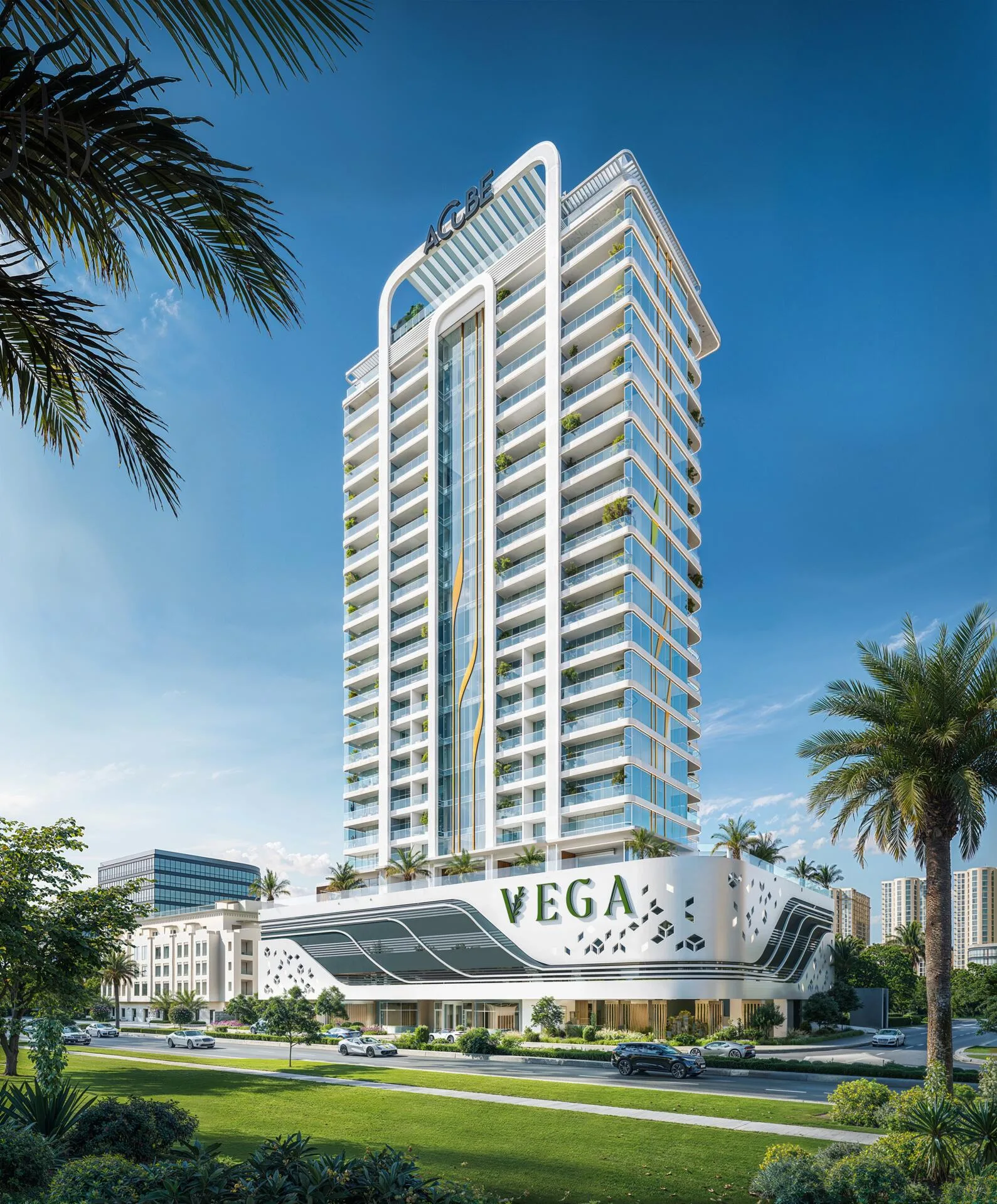 Башня Vega среди пальм и газонов Dubai Sports City