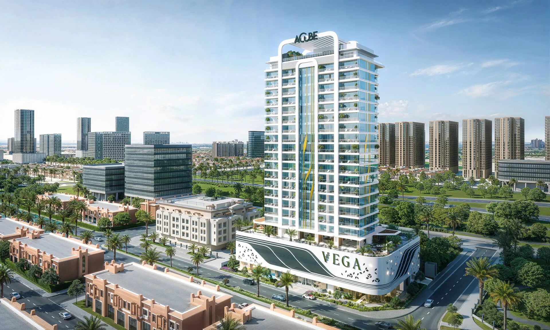 Башня Vega днём среди кварталов Dubai Sports City