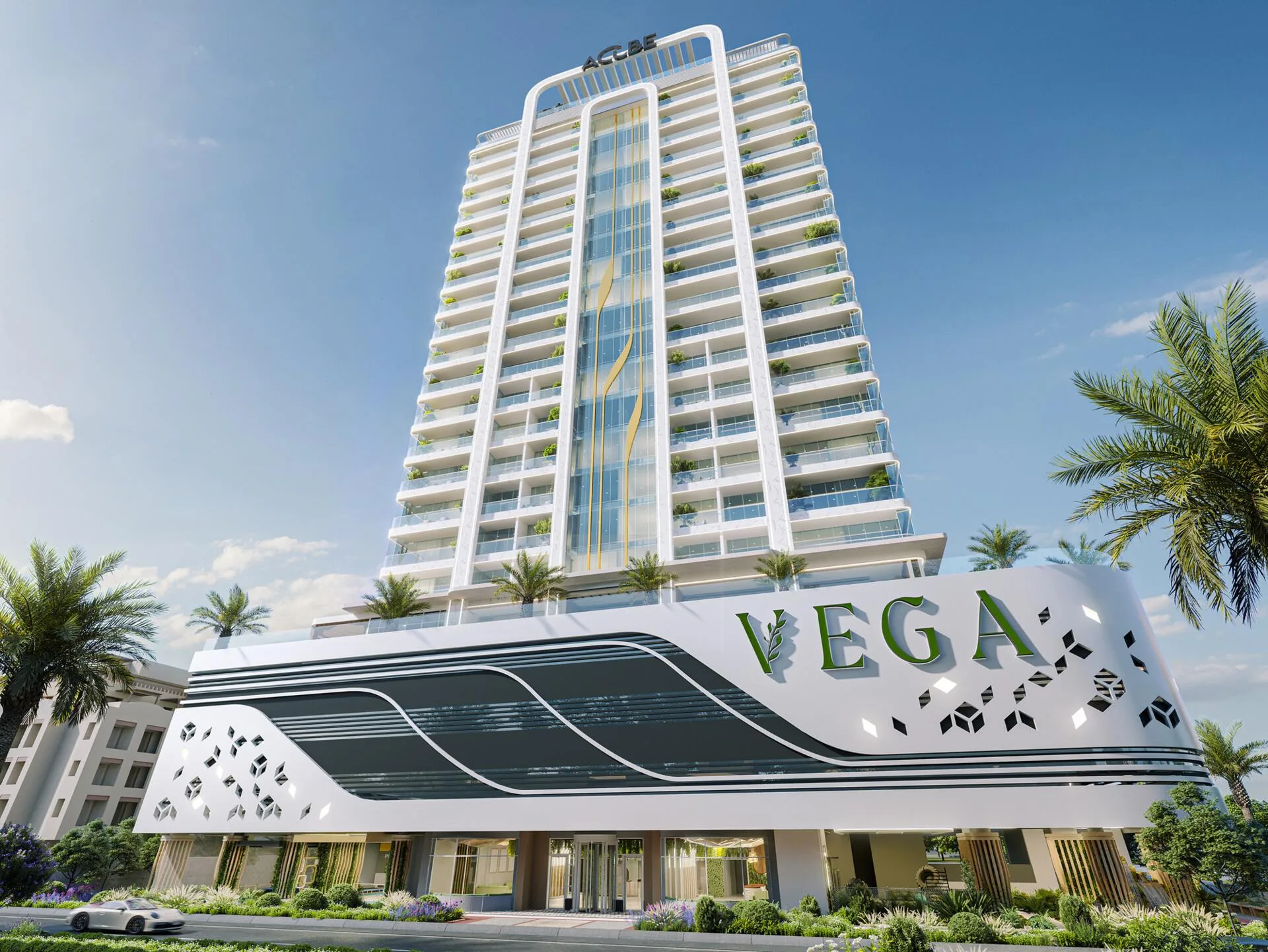 Фасад Vega: белая башня с зелёными балконами над подиумом