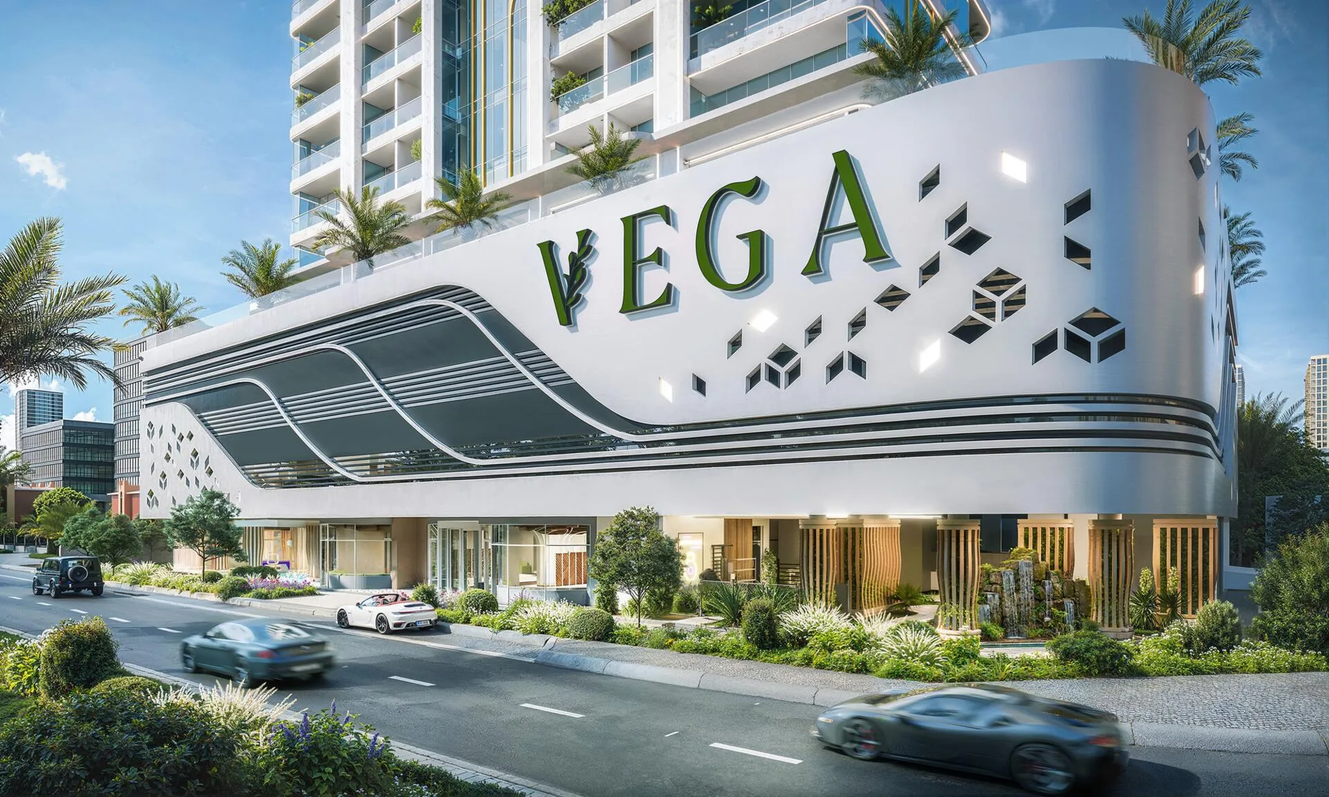 Подиум Vega с именем дома и зелёной полосой вдоль улицы