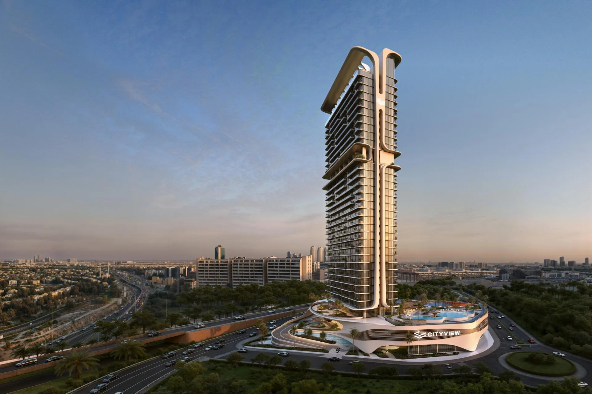 Башня Velos Residences целиком на фоне неба