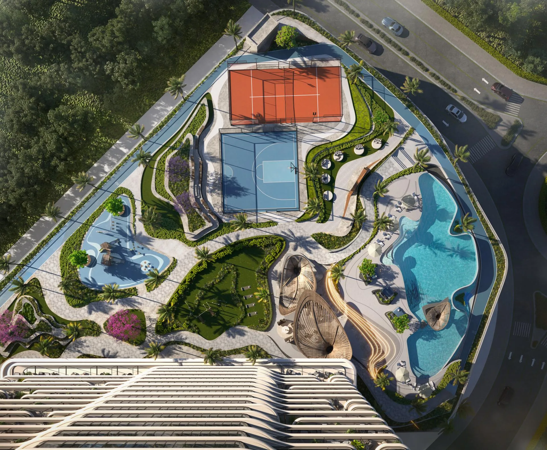 Подиум Velos Residences сверху: корты, сады, семейный бассейн