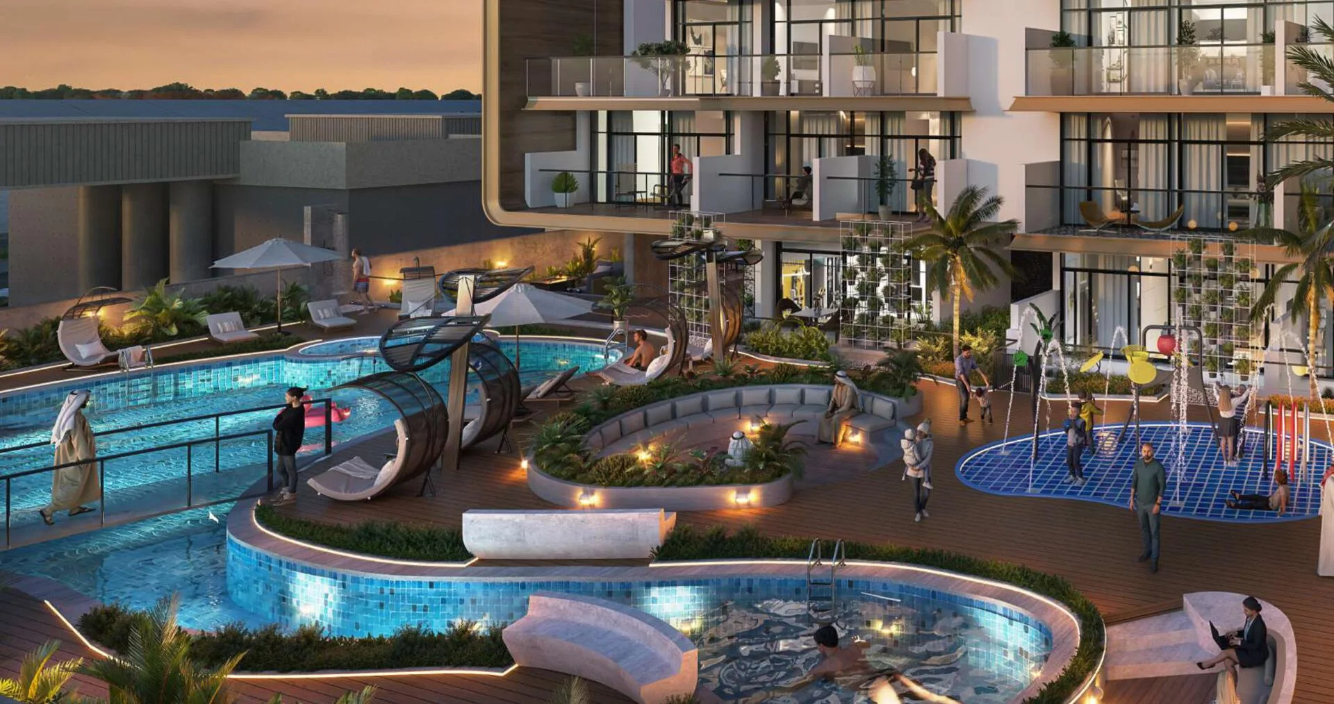 Детский бассейн и водная площадка на подиуме Ventana Residences