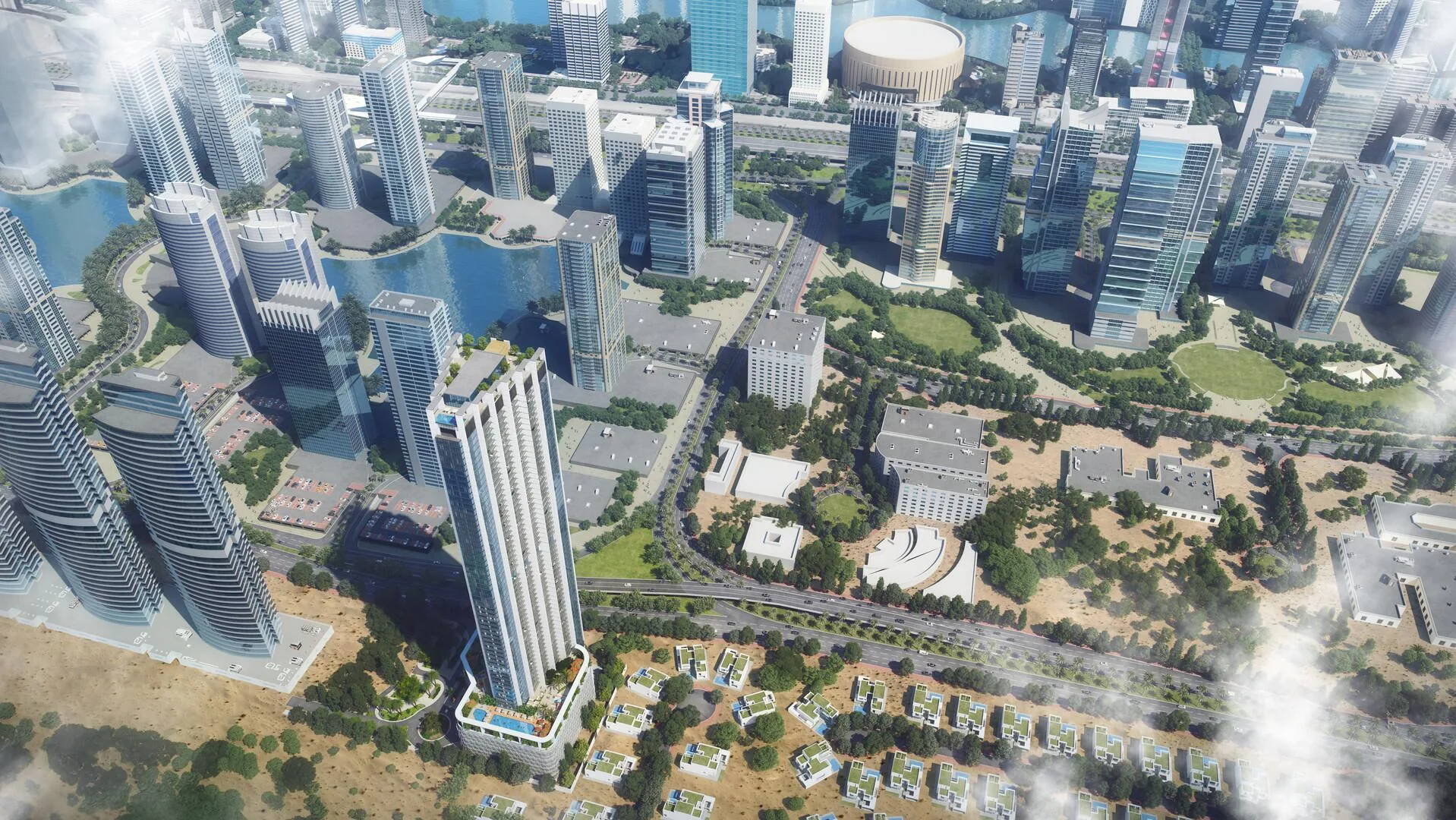 Башня Verde и кварталы Jumeirah Lake Towers с высоты