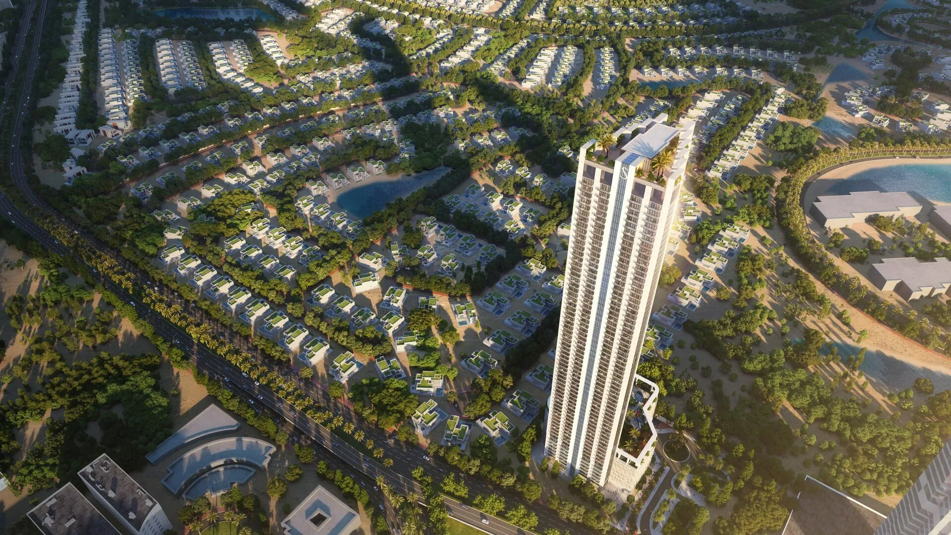 Башня Verde by Sobha над кварталом вилл, вечернее солнце