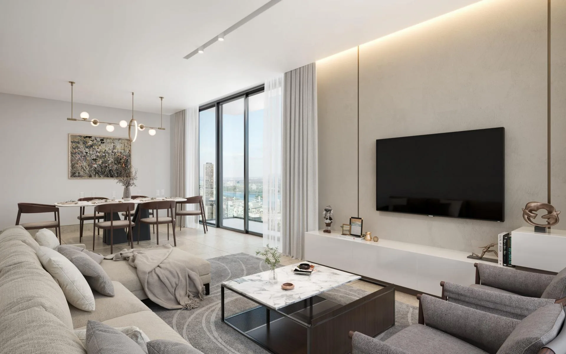 Гостиная с обеденной зоной в квартире Verde by Sobha