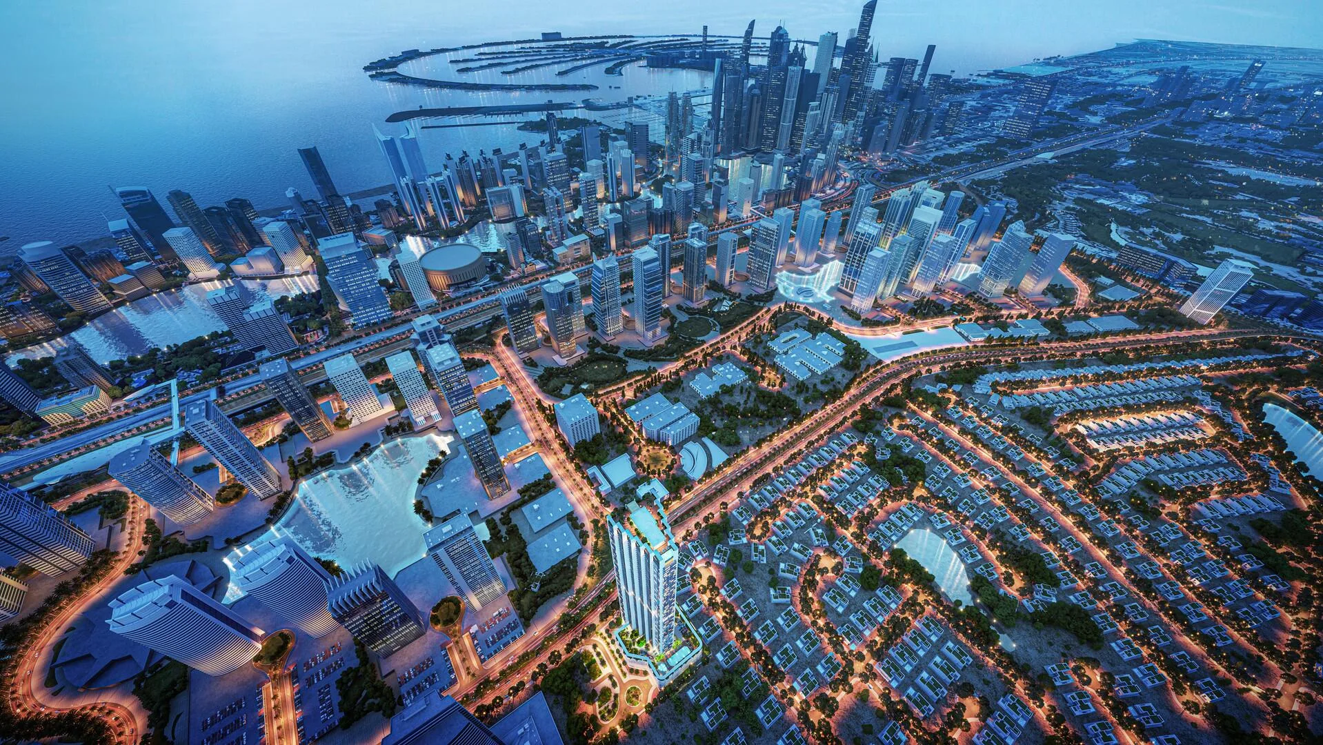 Verde by Sobha вечером среди огней JLT и Dubai Marina
