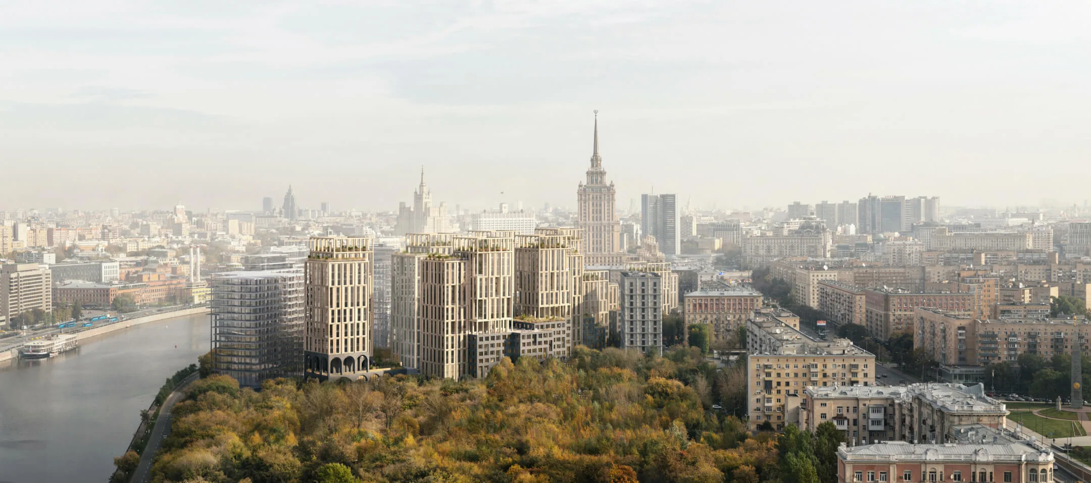 Квартал у изгиба Москвы-реки в панораме города с высоткой