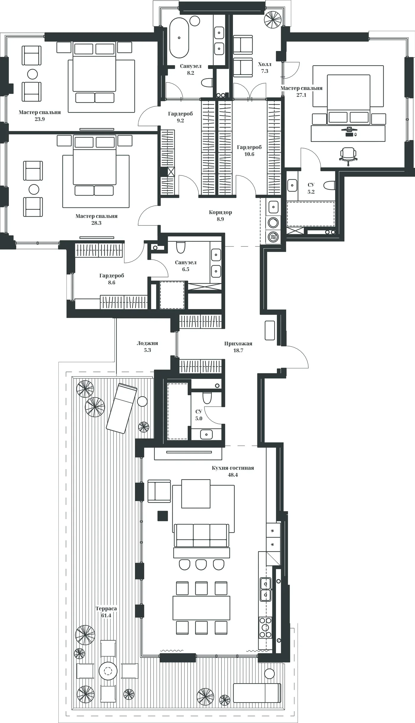 Планировка пентхауса Villa Marina с террасой 43,7 м²