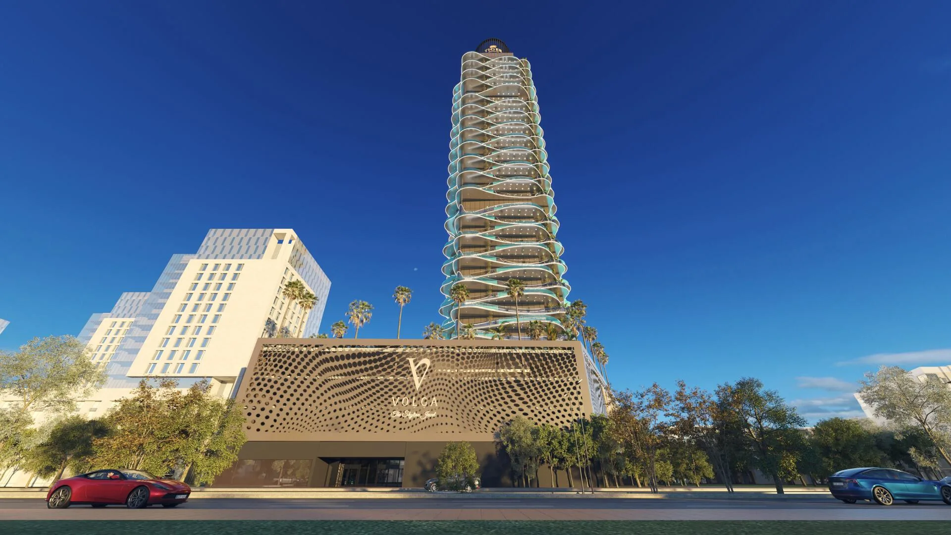 Volga Tower и подиум со знаком Volga со стороны дороги