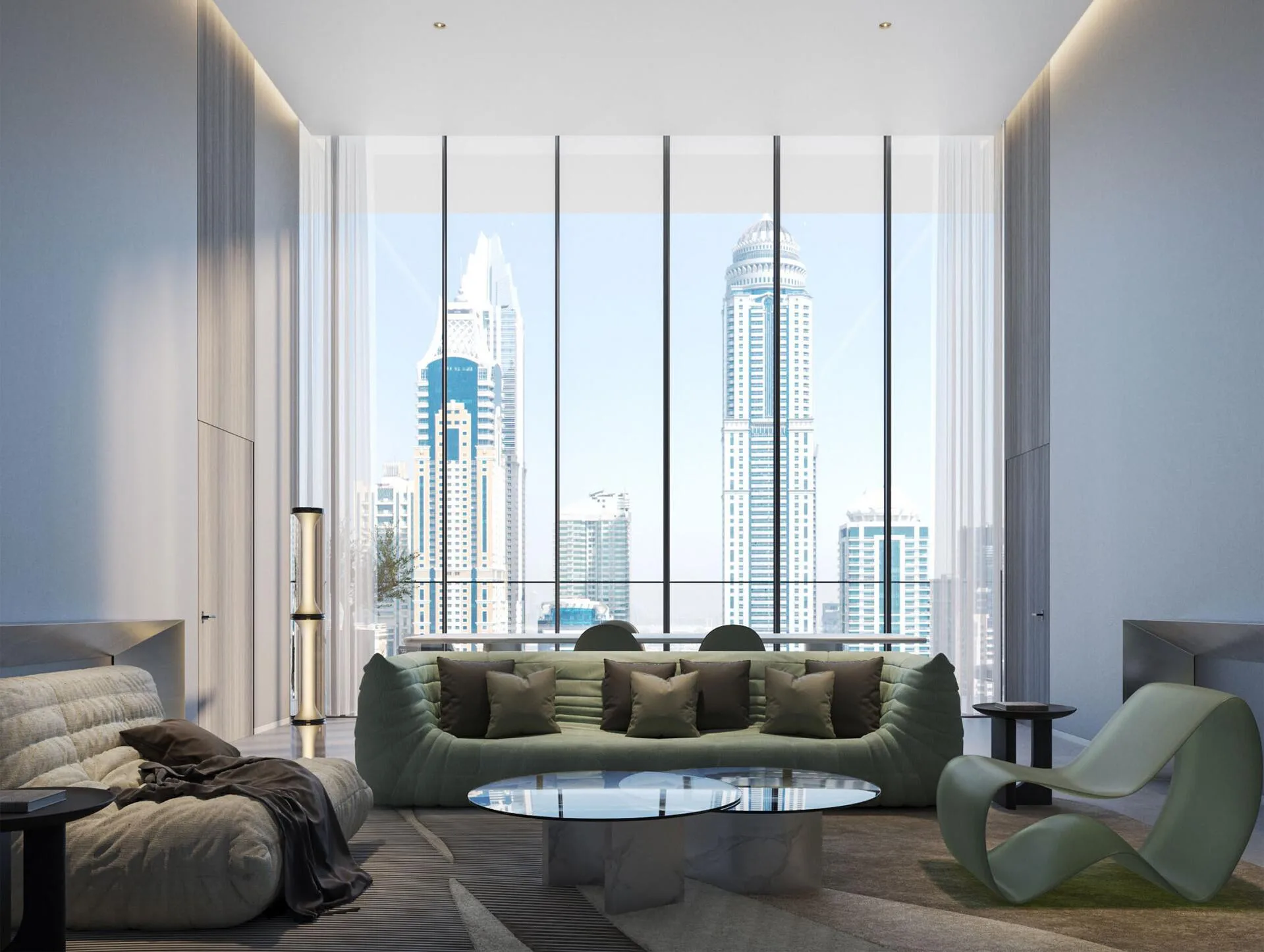 Гостиная с высокими окнами на небоскрёбы Dubai Marina