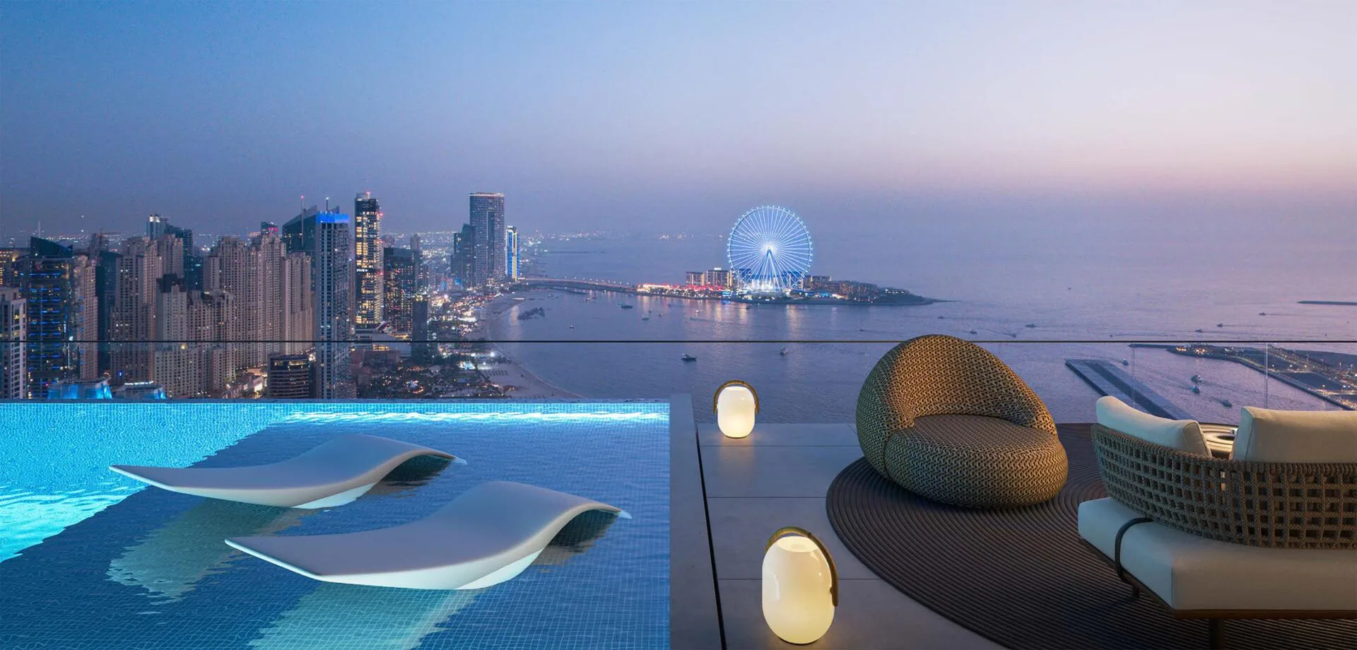 Бассейн с шезлонгами в воде и видом на колесо обозрения и Dubai Marina