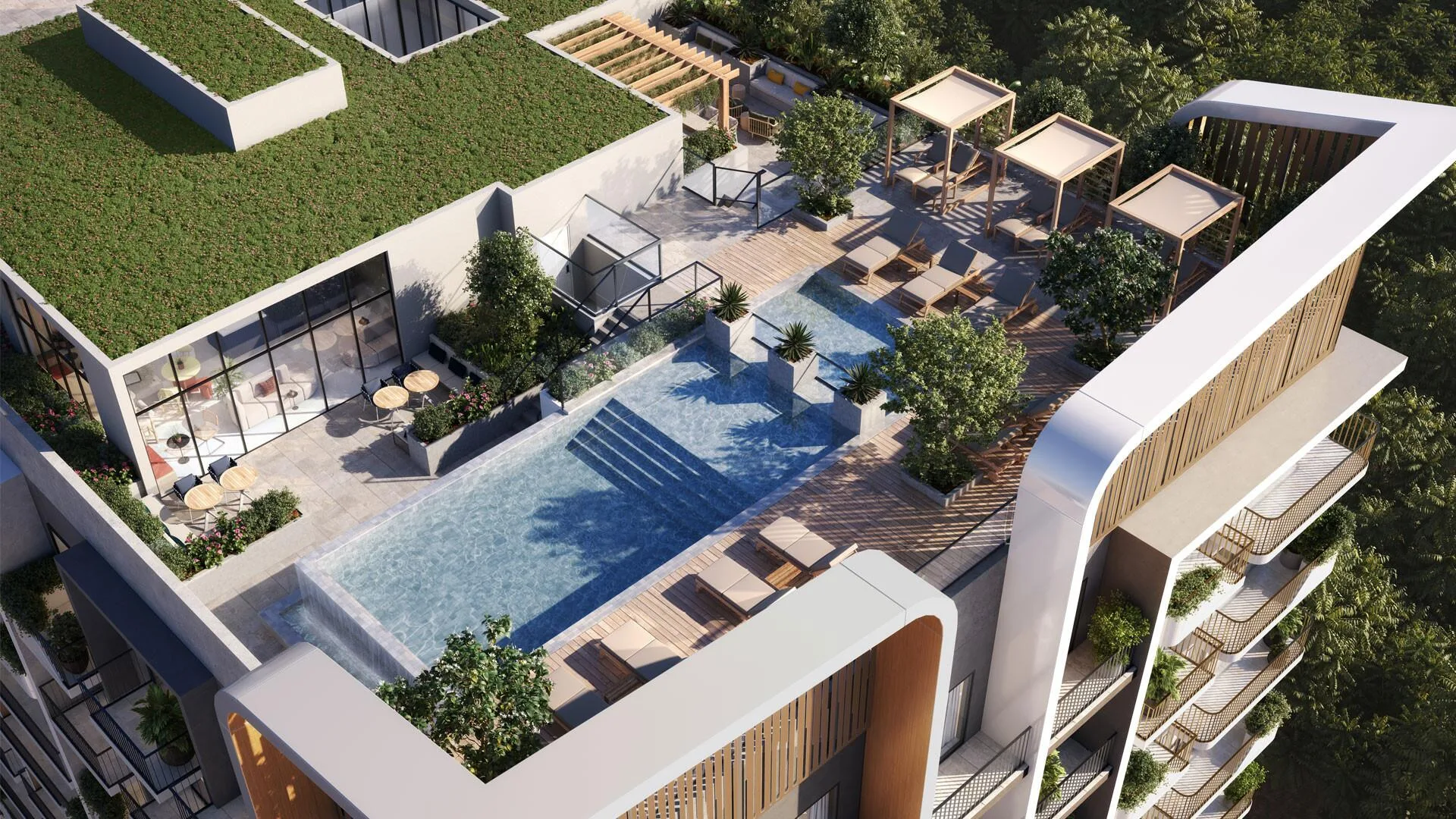 Крыша Weybridge Gardens сверху: бассейн, кабаны и зелёная кровля