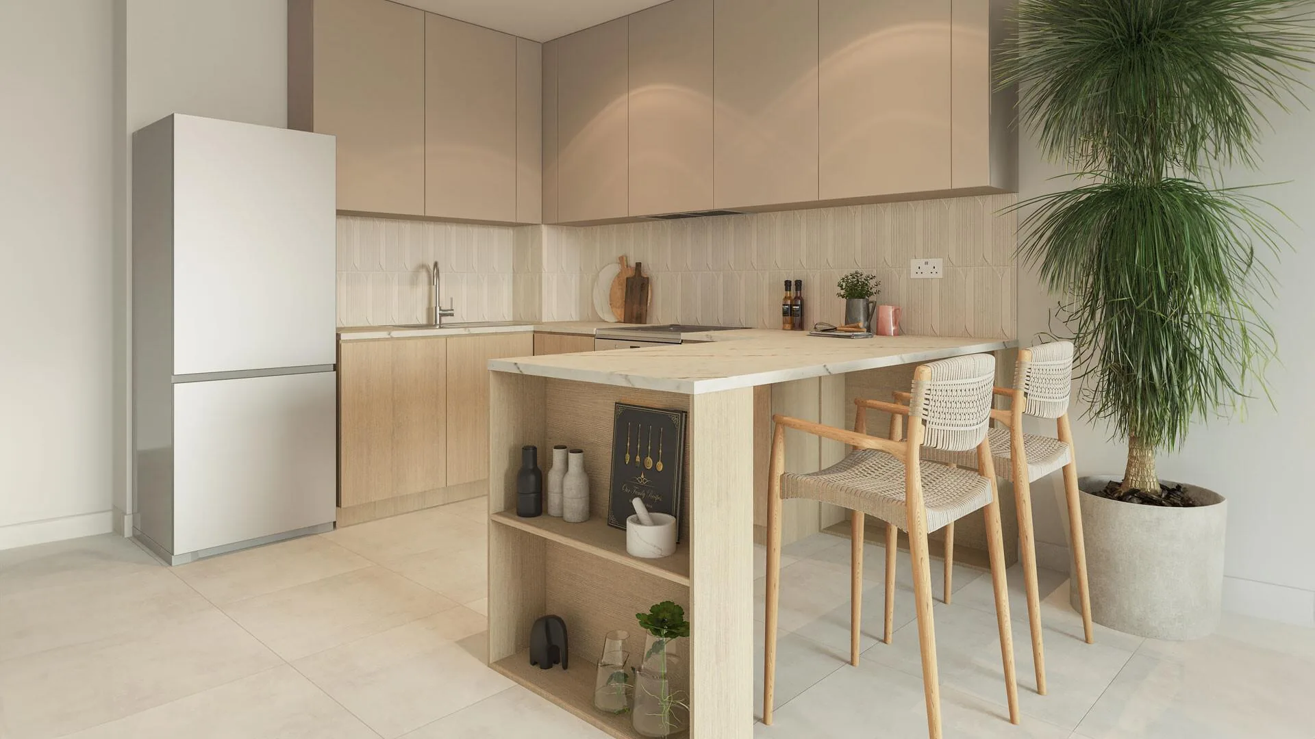 Кухня с кварцевой столешницей и барной стойкой в Weybridge Gardens