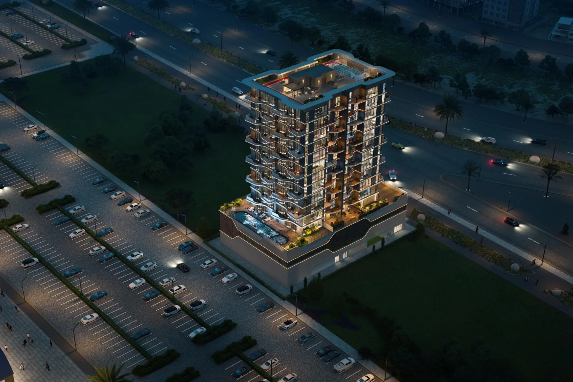 Whitecliffs Residences сверху вечером: бассейн и огни