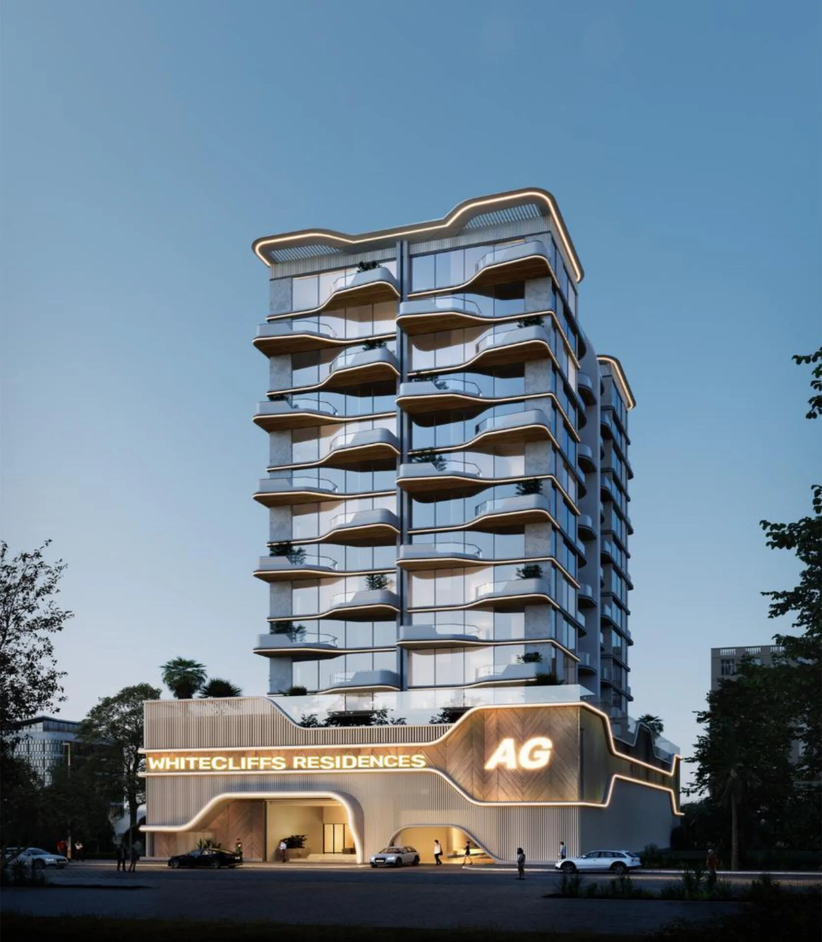 Фасад Whitecliffs Residences вечером
