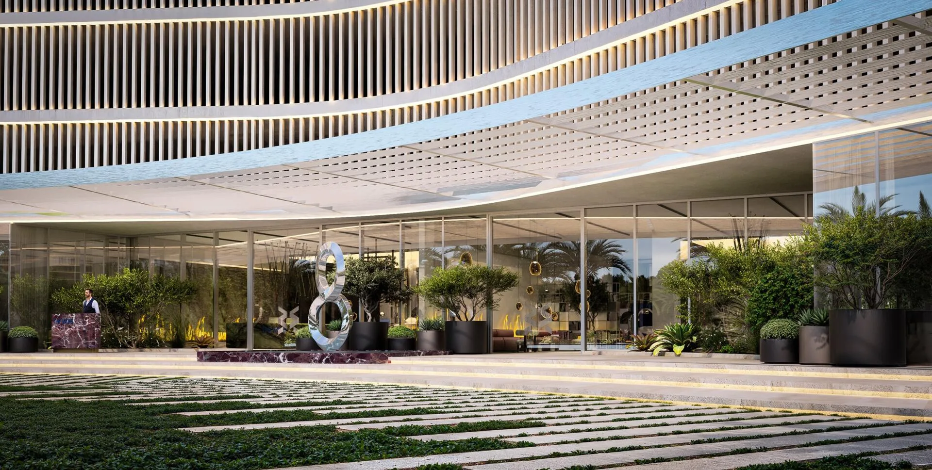 Вход в The WOW Tower со знаком бесконечности из стали
