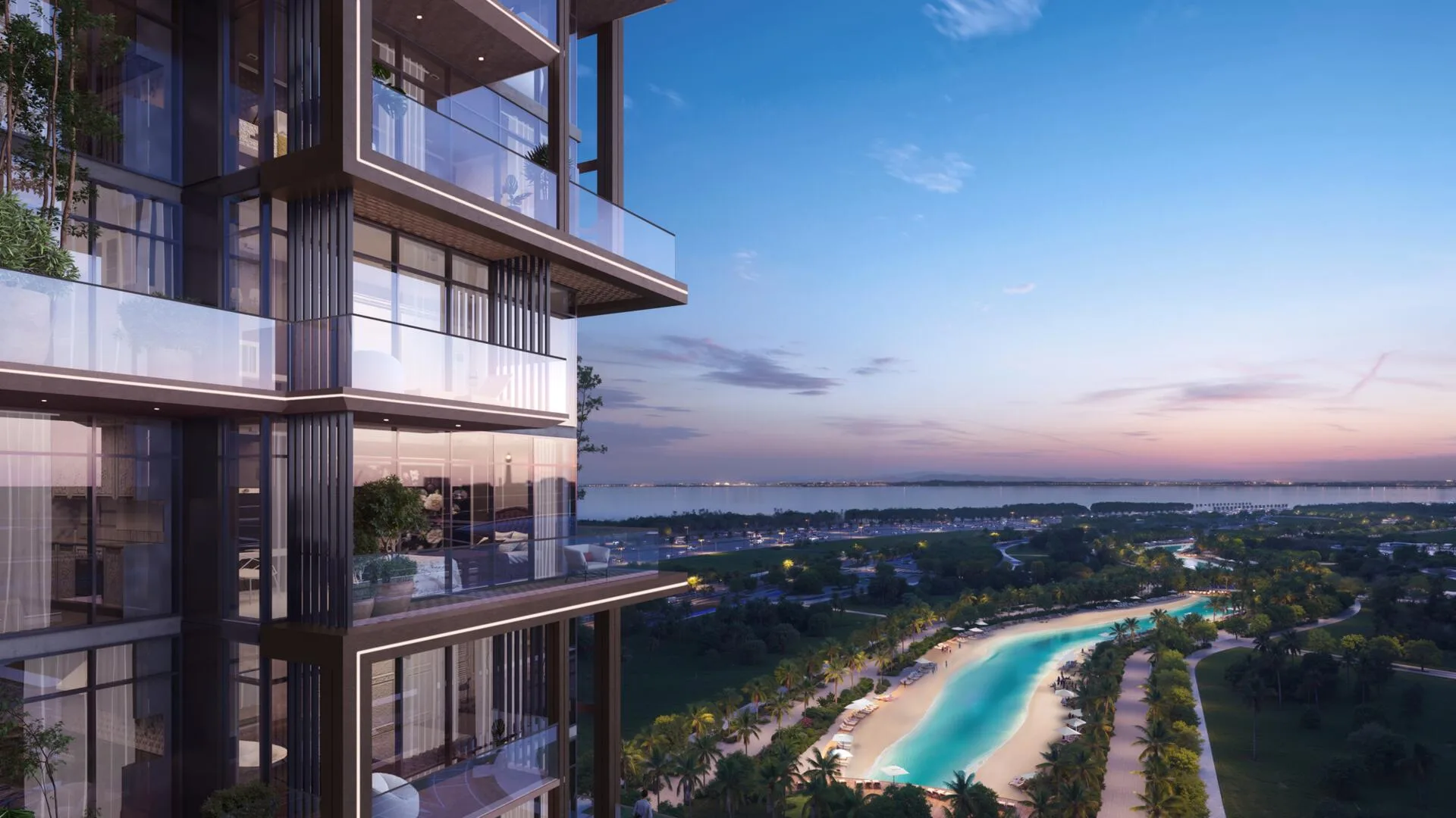 Балконы Wynwood Horizon на закате, внизу лагуна