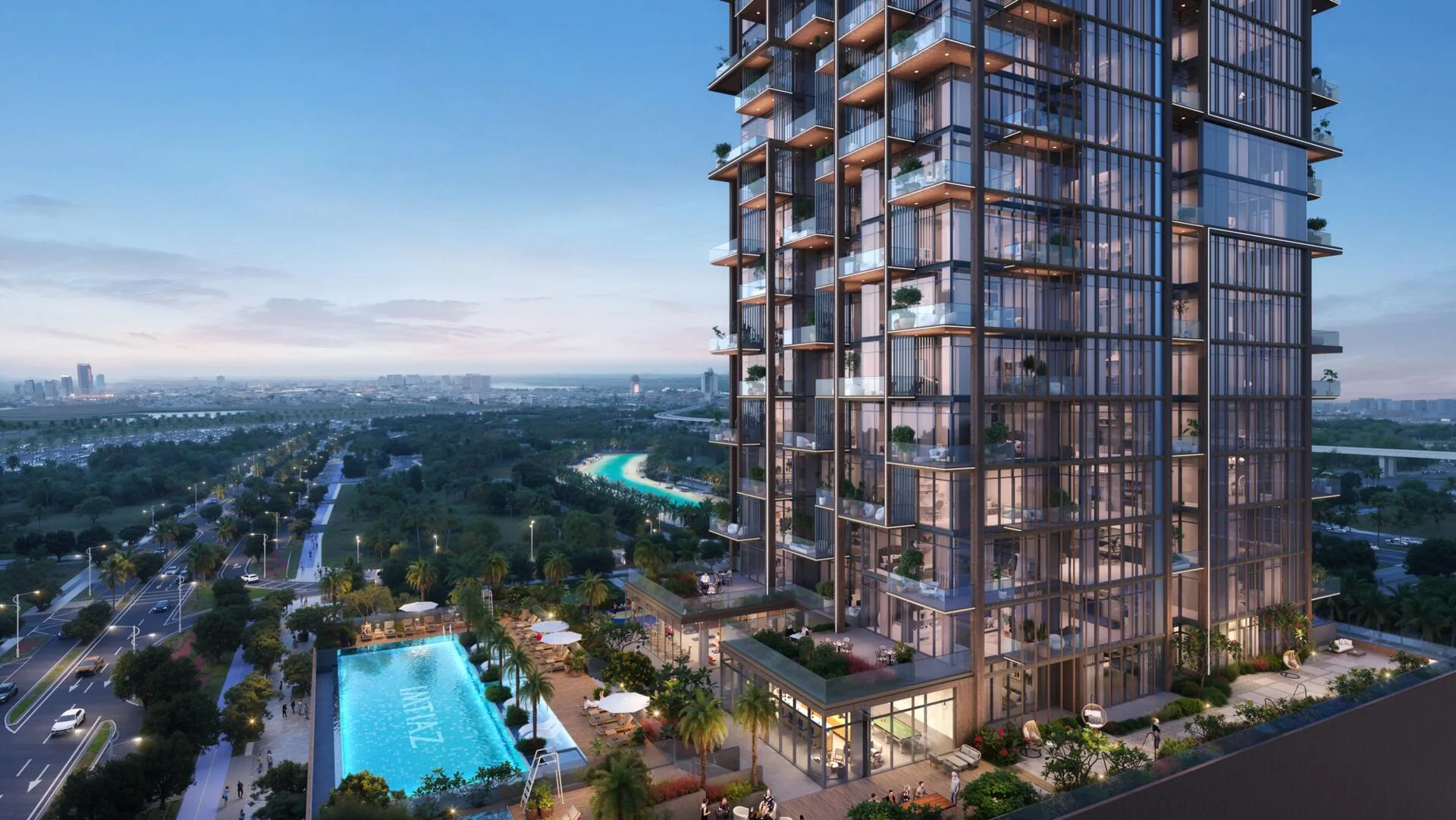 Бассейн на подиуме Wynwood Horizon вечером