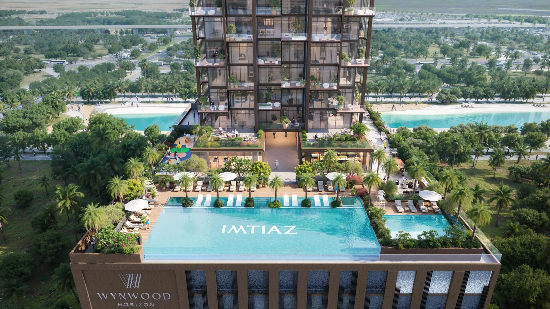 Бассейн на подиуме Wynwood Horizon с высоты, за ним лагуна