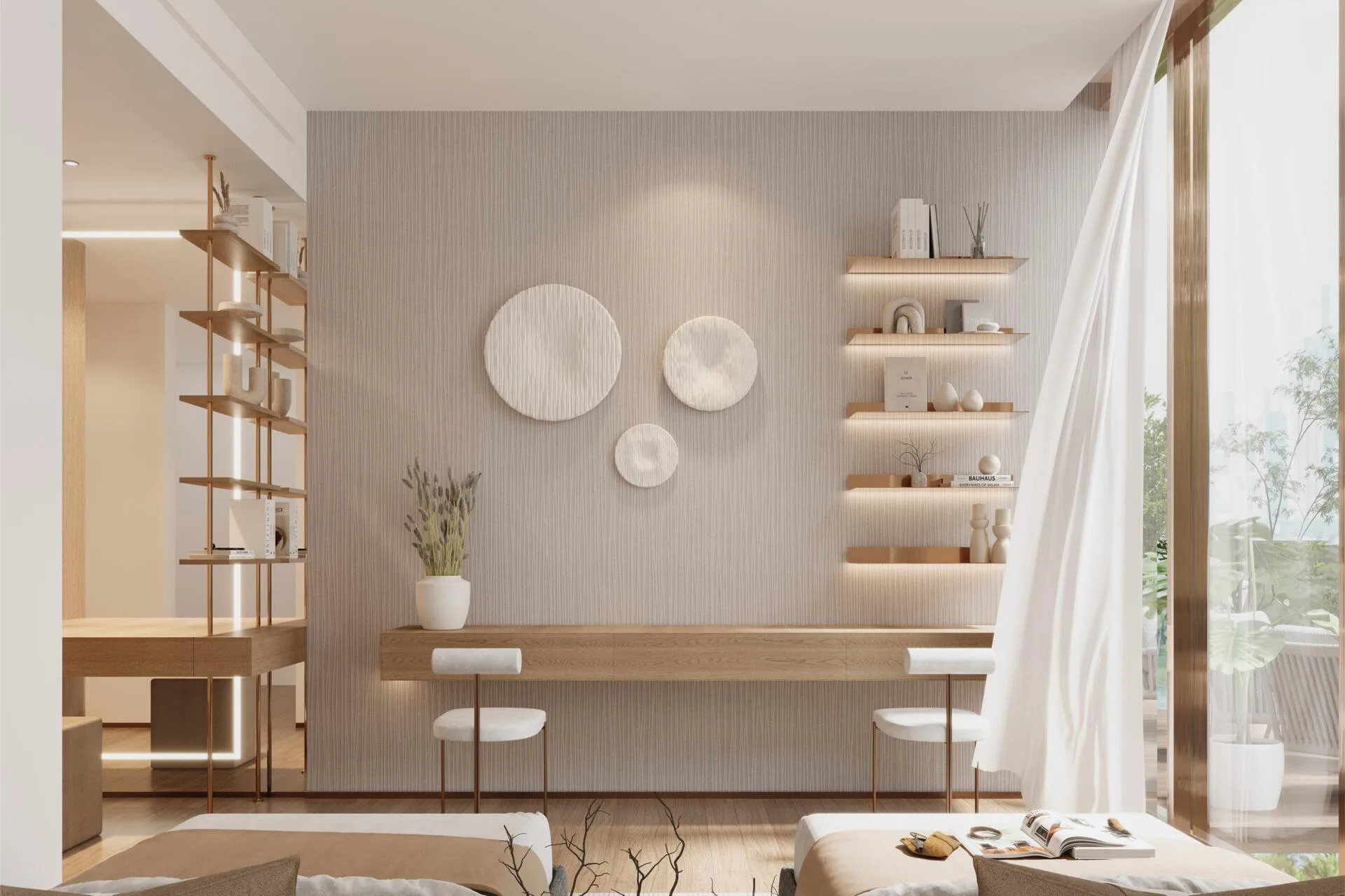 Рабочий стол с полками у окна в квартире Wynwood Horizon
