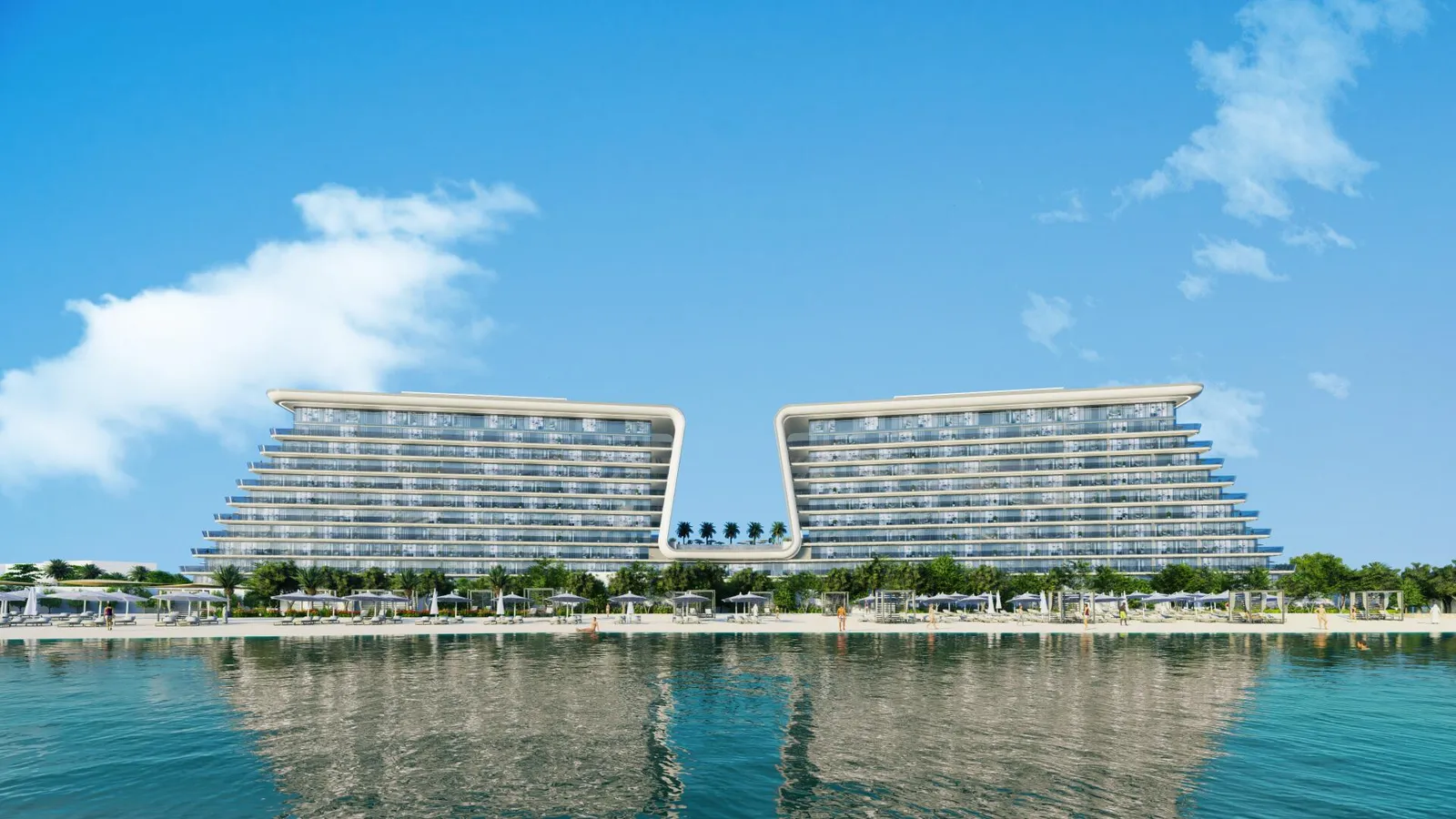 Два корпуса Yas Beach Residence со стороны воды. Визуализация Siadah