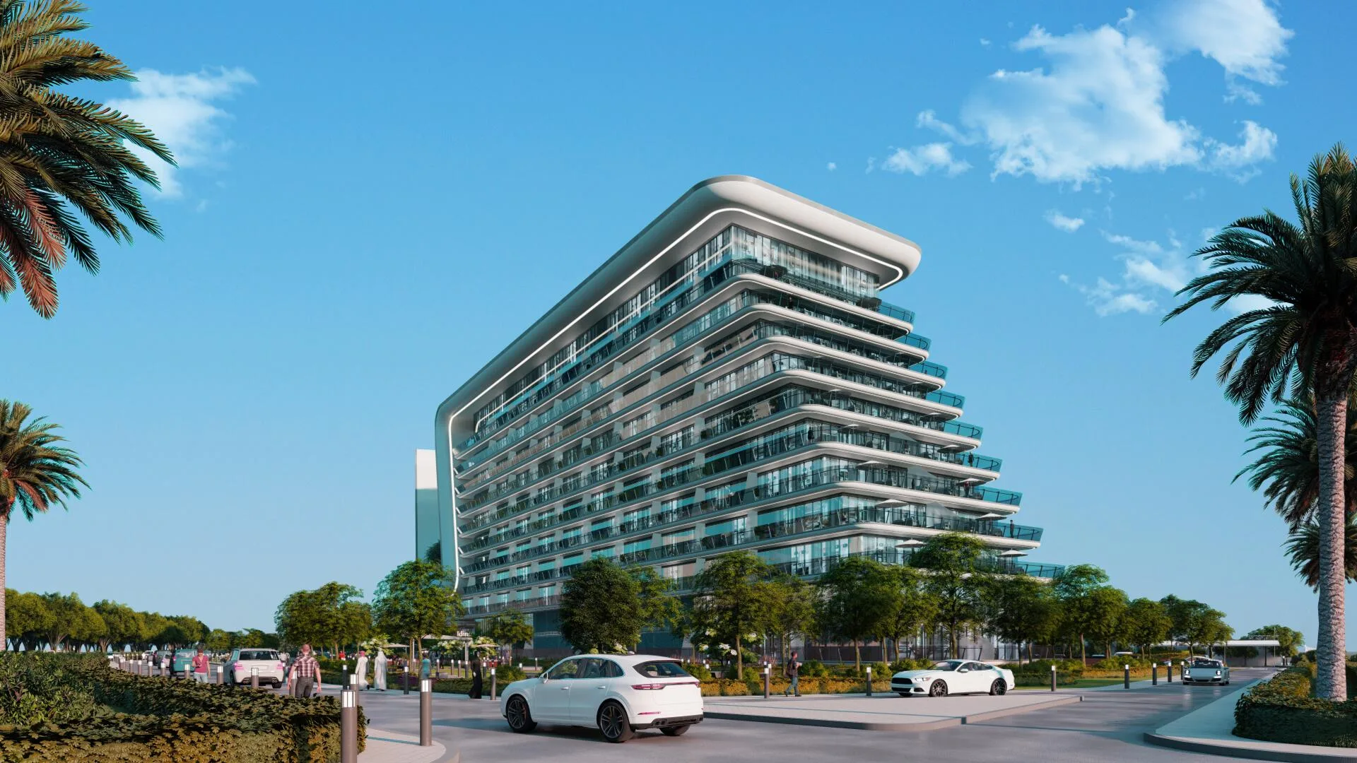 Yas Beach Residence со стороны улицы: ступенчатый фасад и пальмы