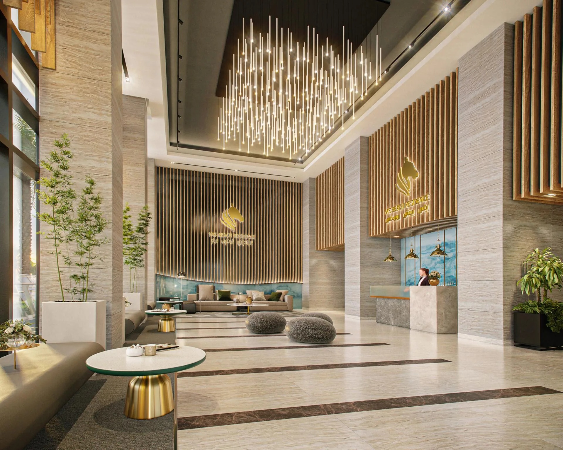 Лобби Yas Beach Residence: высокий потолок, люстра и зона ожидания