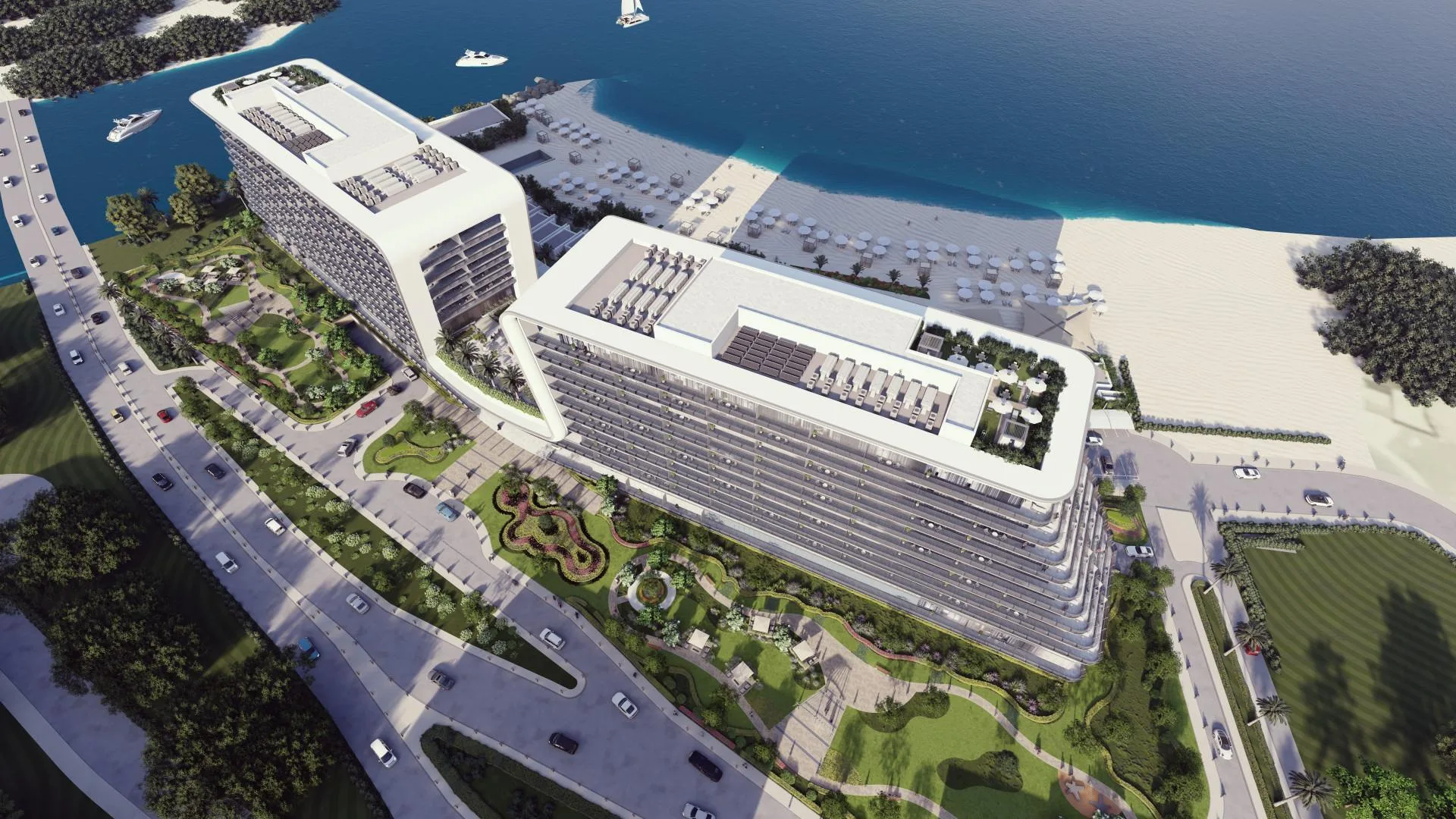 Yas Beach Residence сверху: дом, сад и пляж у воды