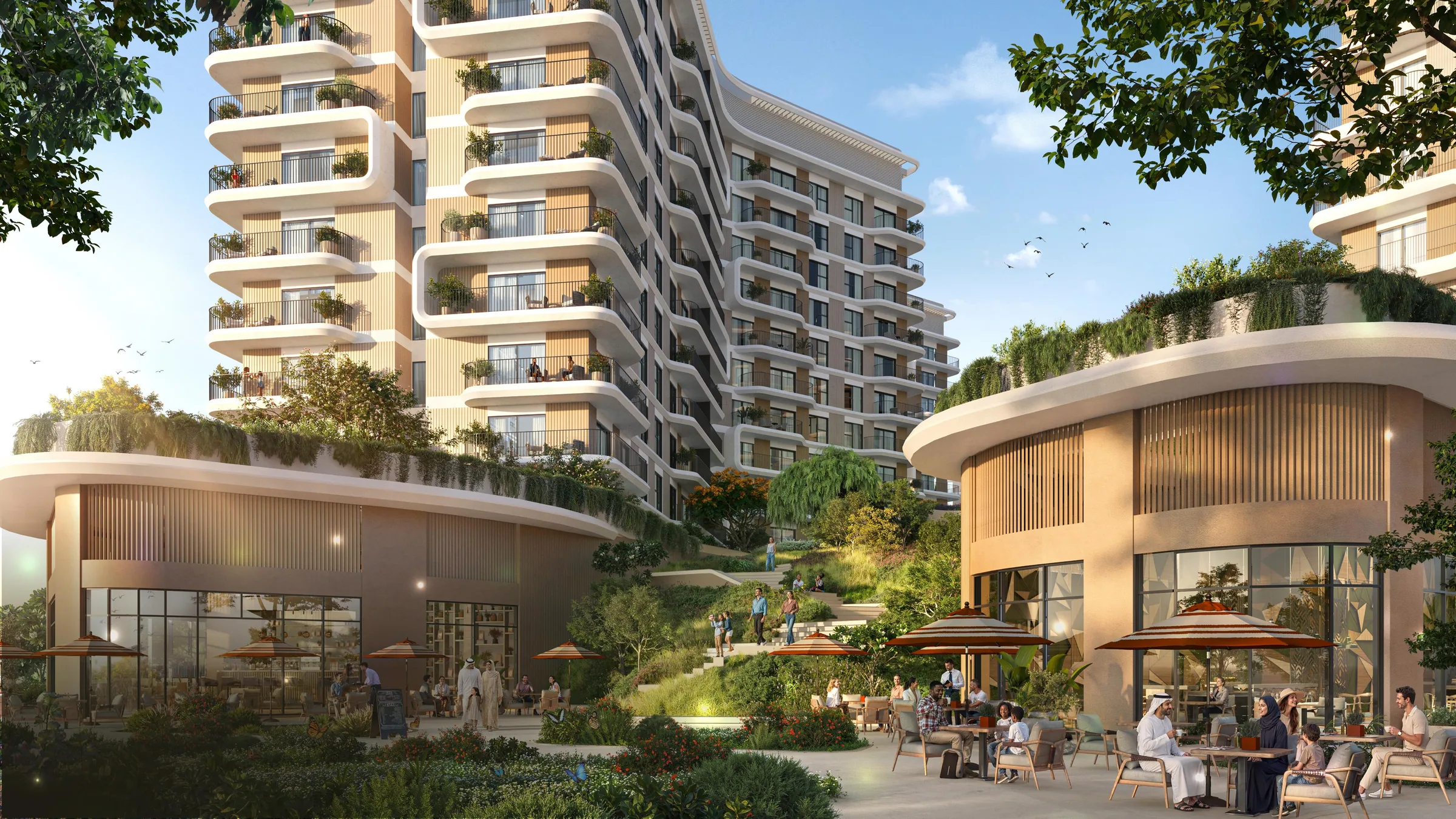 Кафе у корпусов Yas Park Place, столики под зонтами