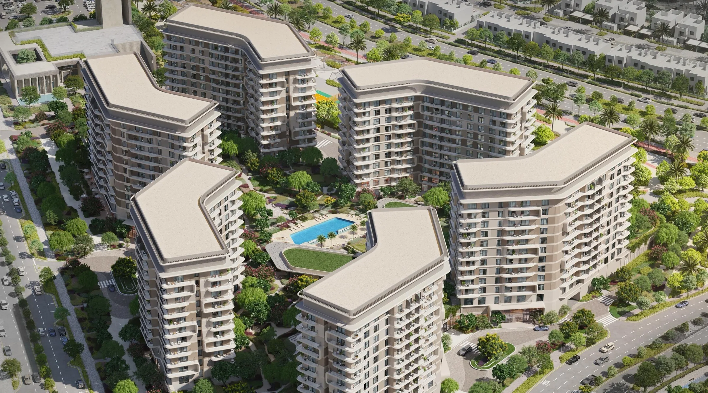 Корпуса Yas Park Place с высоты, между ними сады и бассейн
