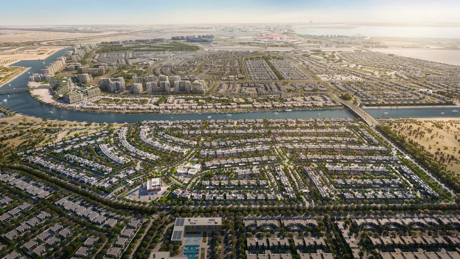 Yas сверху: канал и посёлок Yas Riva Reserve на краю острова. Визуализация Aldar