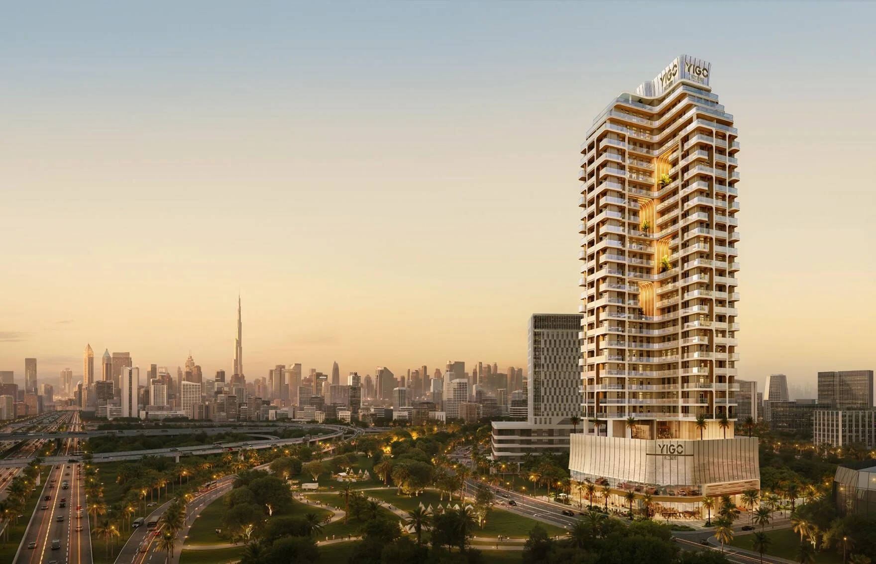 Башня YIGO Luxe среди зелени Dubai Silicon Oasis, на горизонте небоскрёбы Дубая
