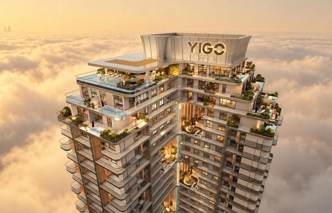 Верх башни YIGO Luxe над облаками: террасы и сады на этажах