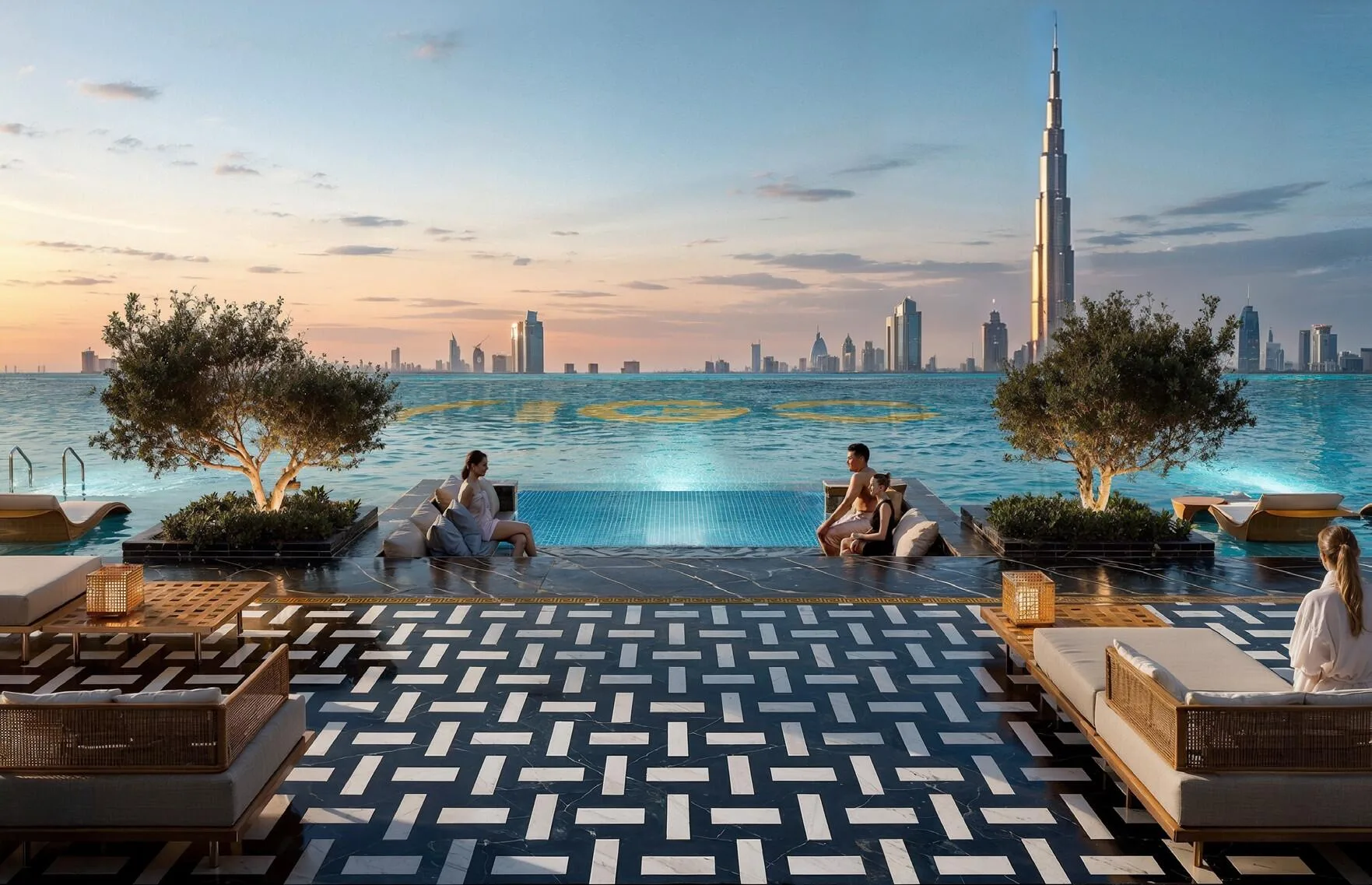 Инфинити-бассейн на крыше YIGO Luxe на закате