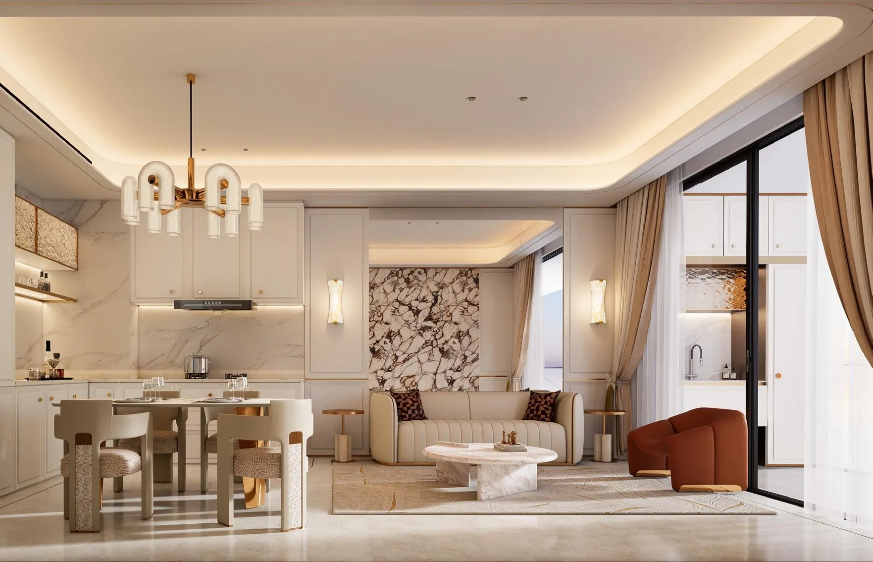 Гостиная с кухней в квартире YIGO Luxe