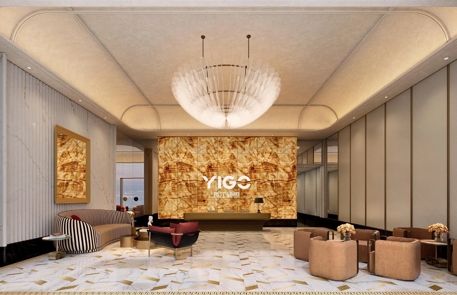 Лобби YIGO Luxe: люстра, камень и мягкие кресла